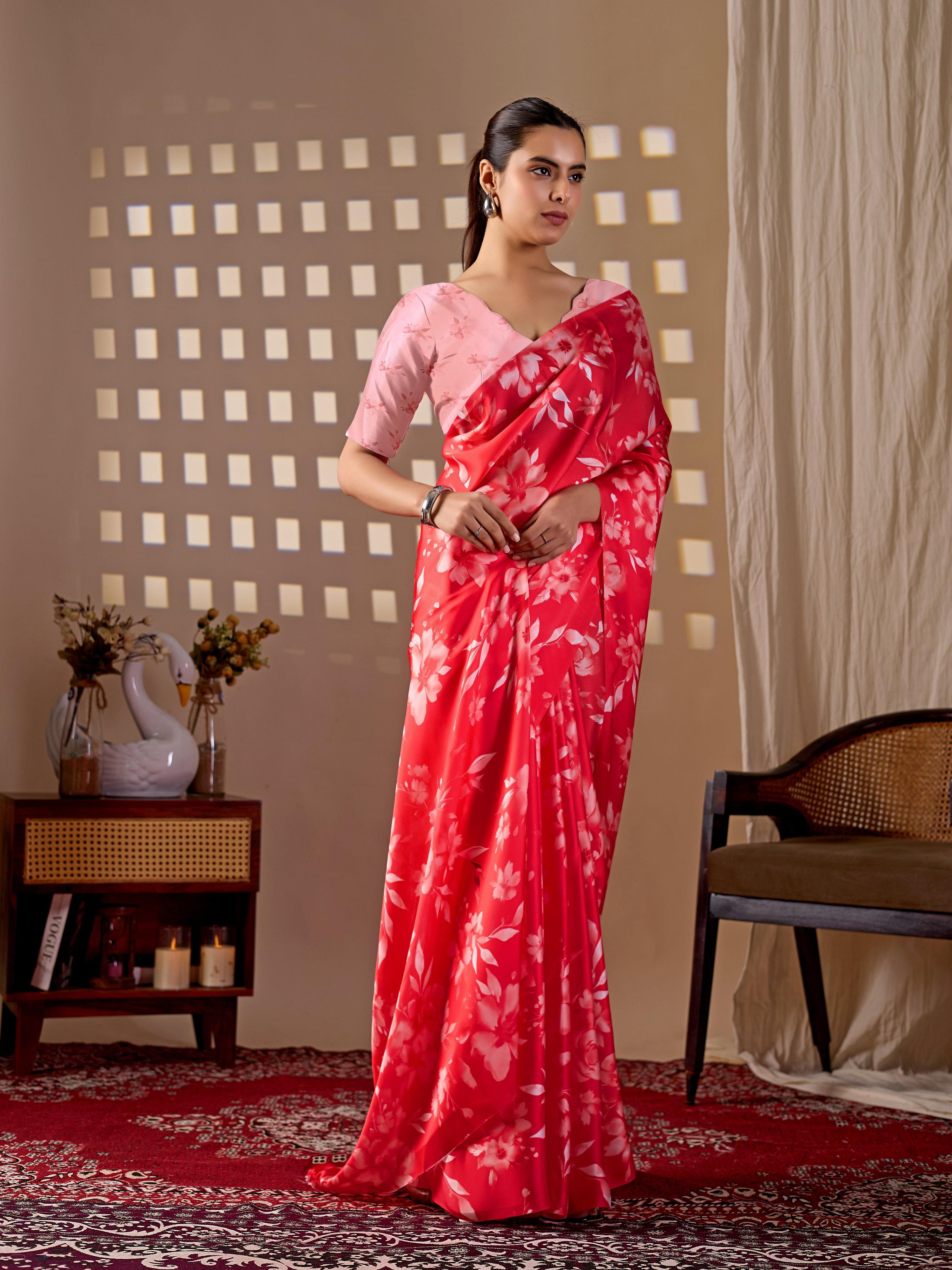 Aastha Fashion Red Soft Satin Georgette Printed Saree