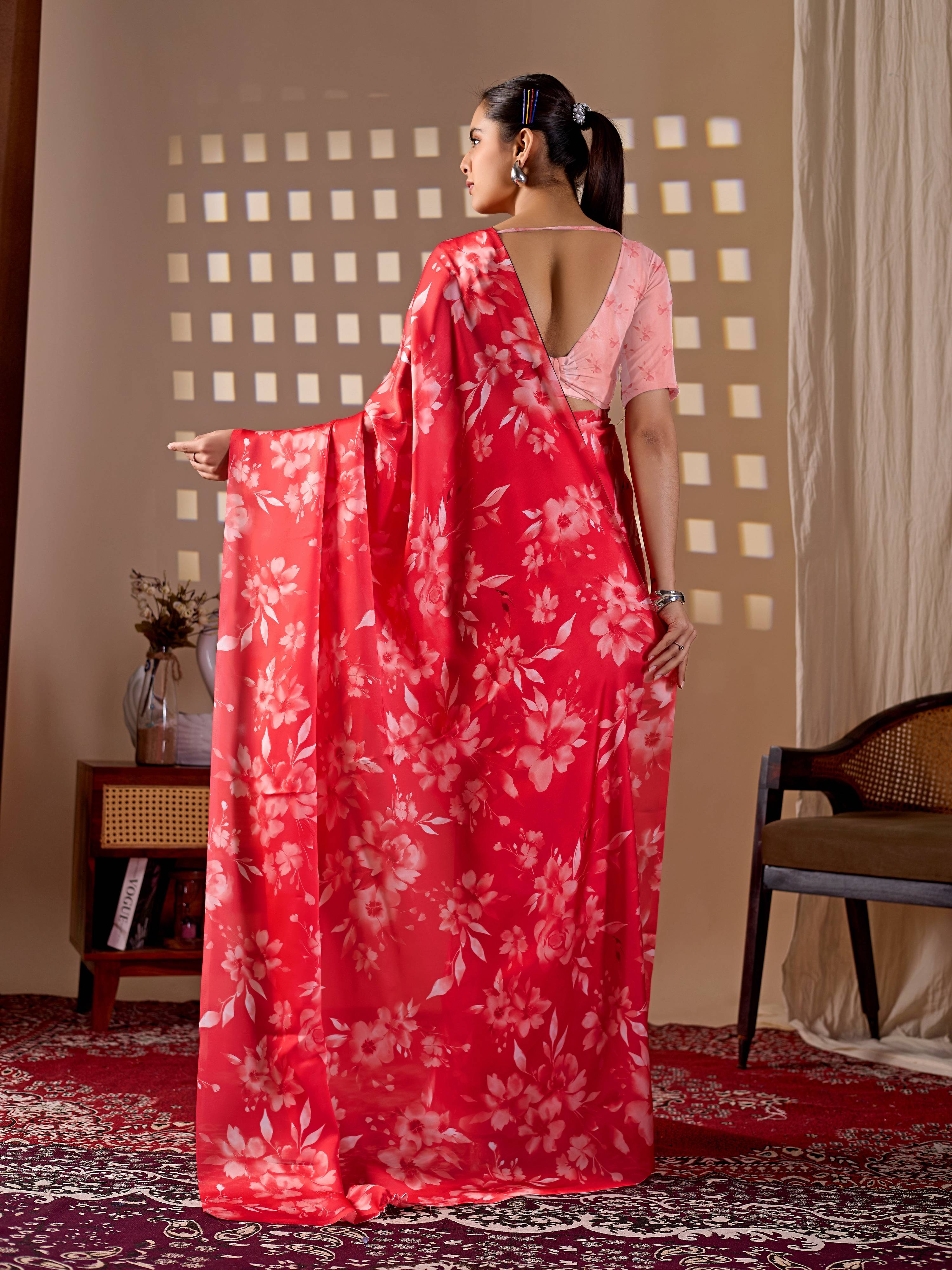Aastha Fashion Red Soft Satin Georgette Printed Saree