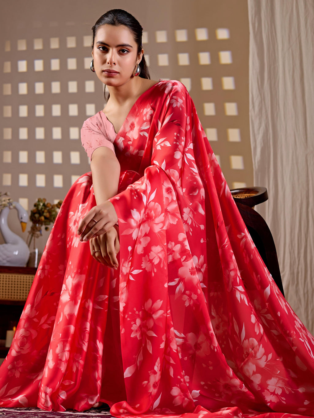 Aastha Fashion Red Soft Satin Georgette Printed Saree