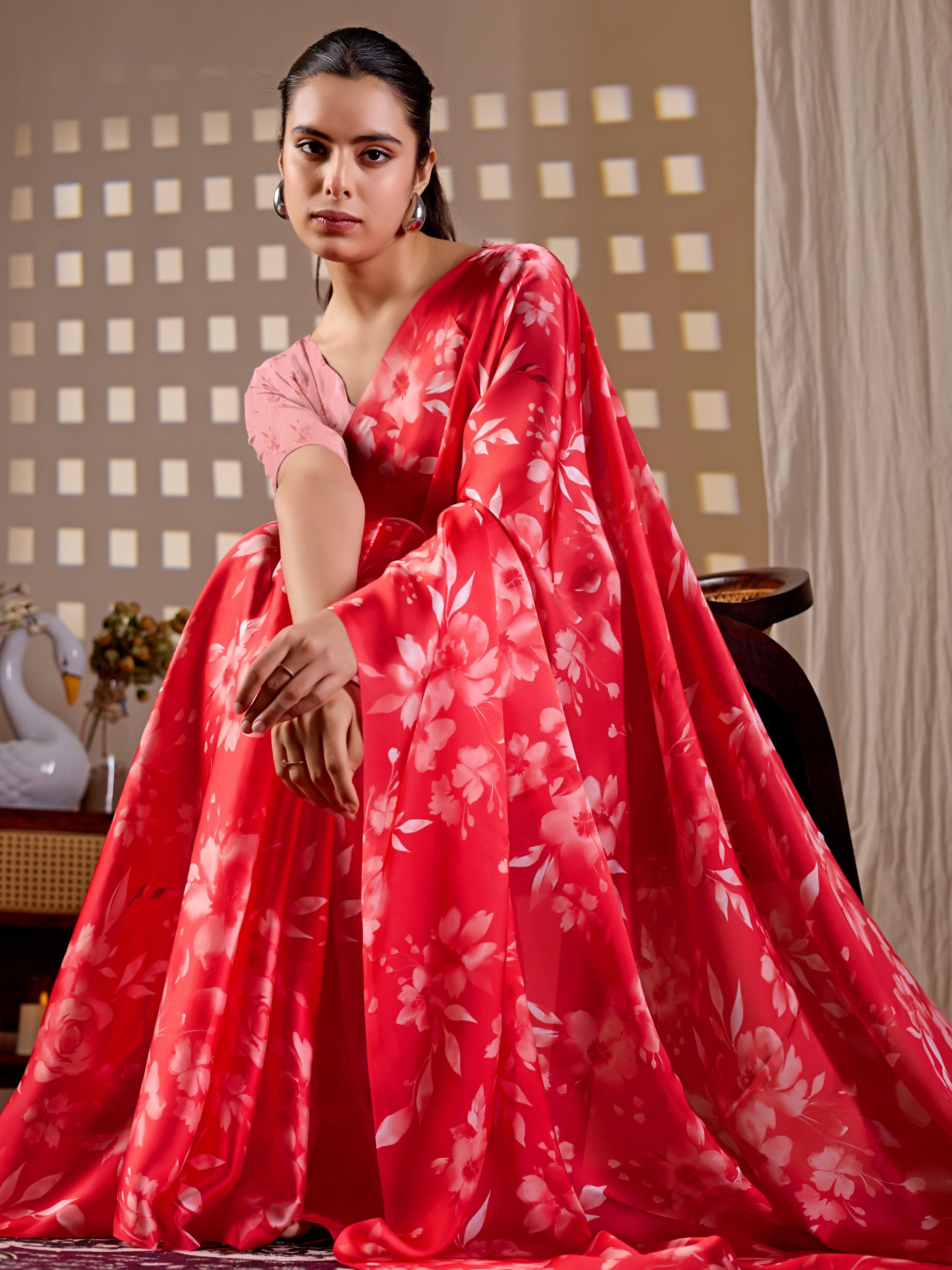 Aastha Fashion Red Soft Satin Georgette Printed Saree
