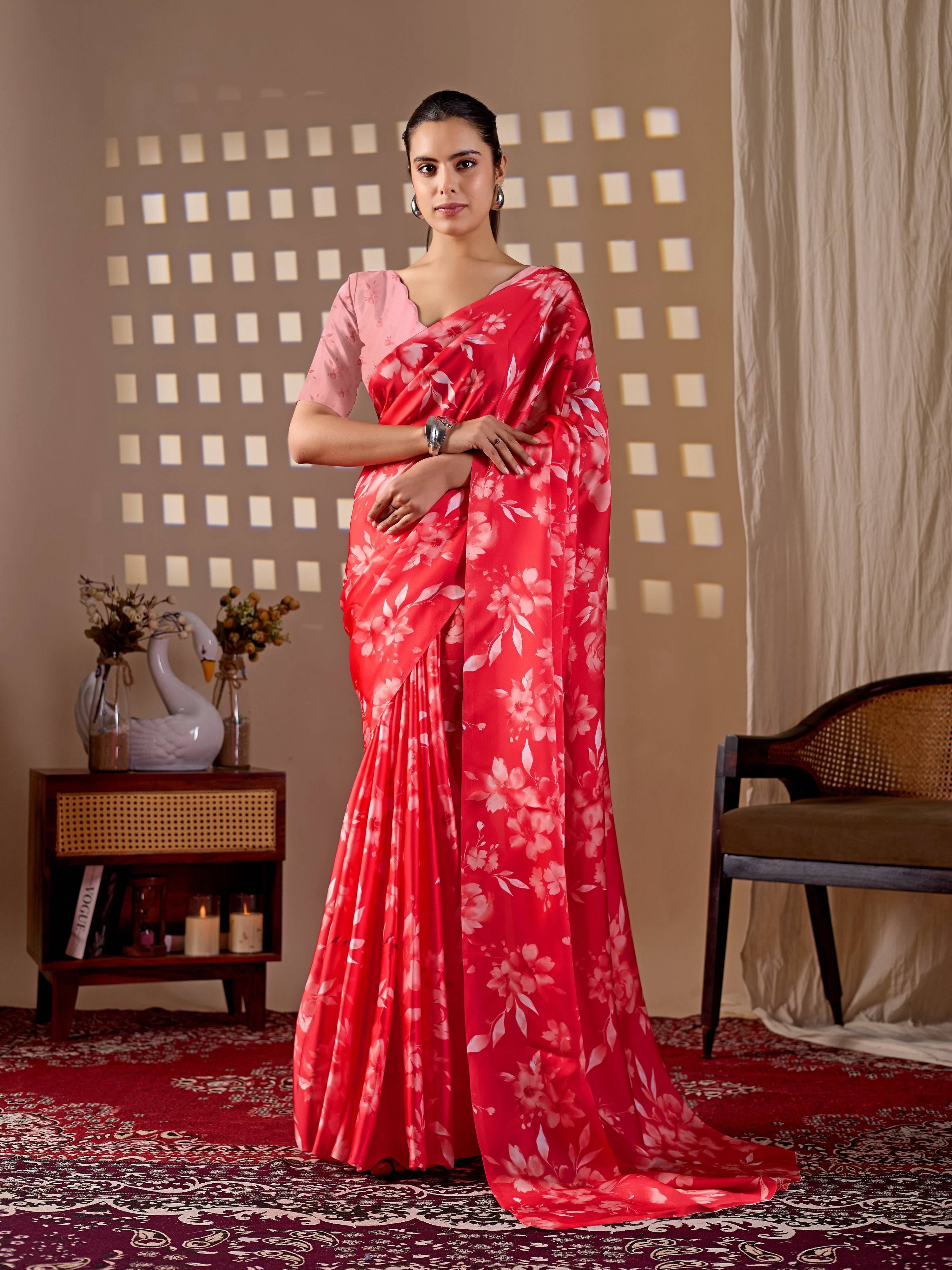 Aastha Fashion Red Soft Satin Georgette Printed Saree