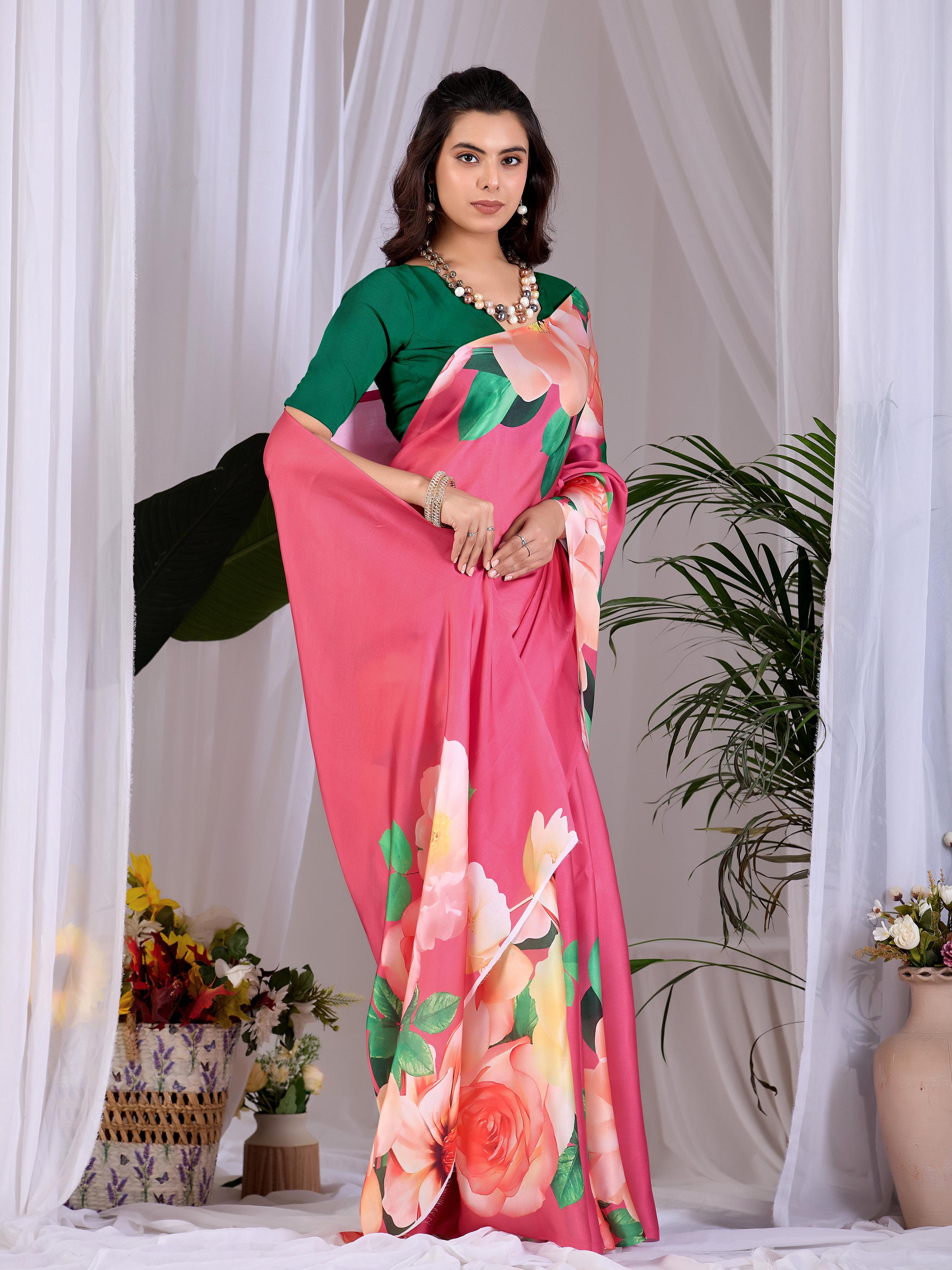 Aastha Fashion Pink Soft Satin Georgette Printed Saree