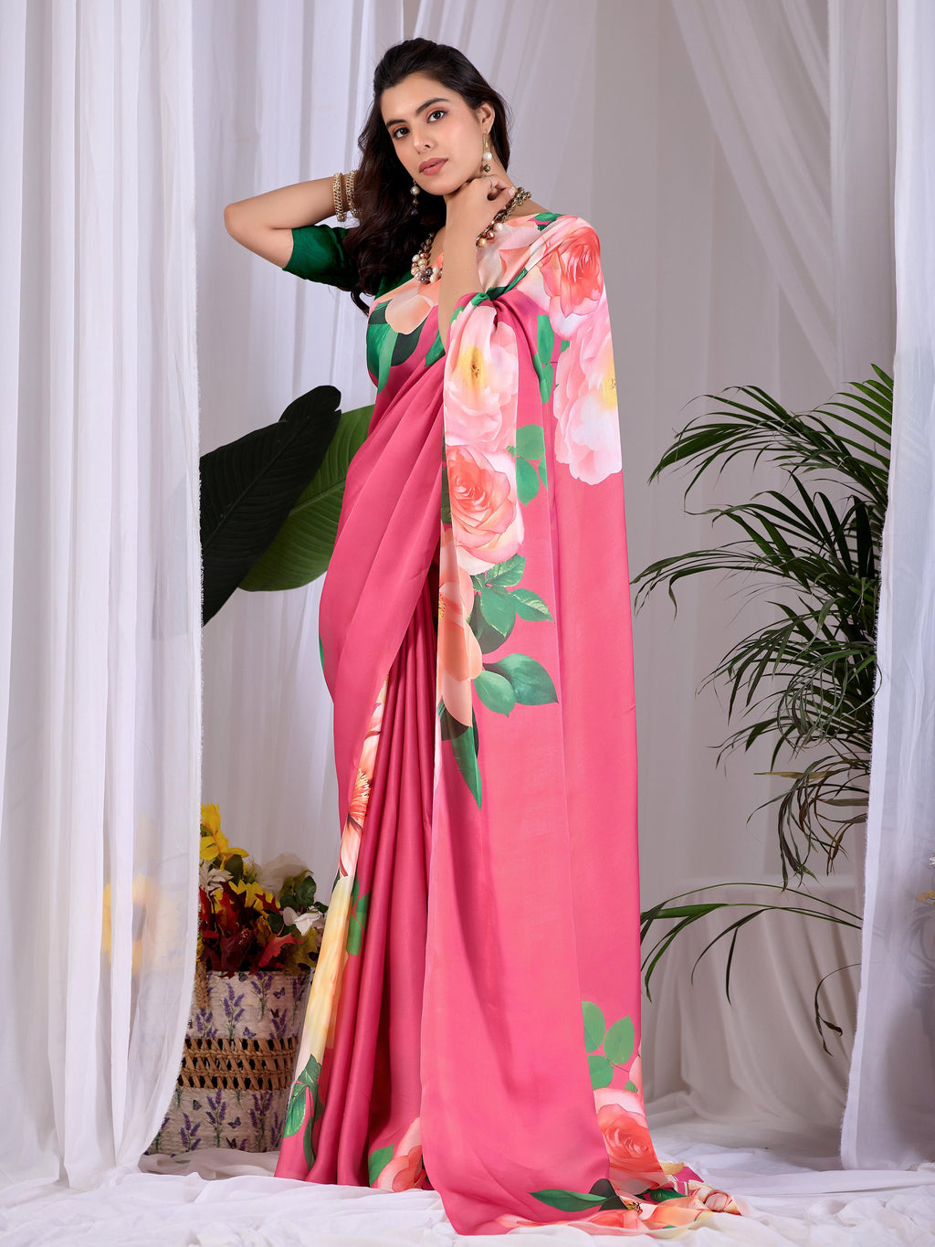 Aastha Fashion Pink Soft Satin Georgette Printed Saree