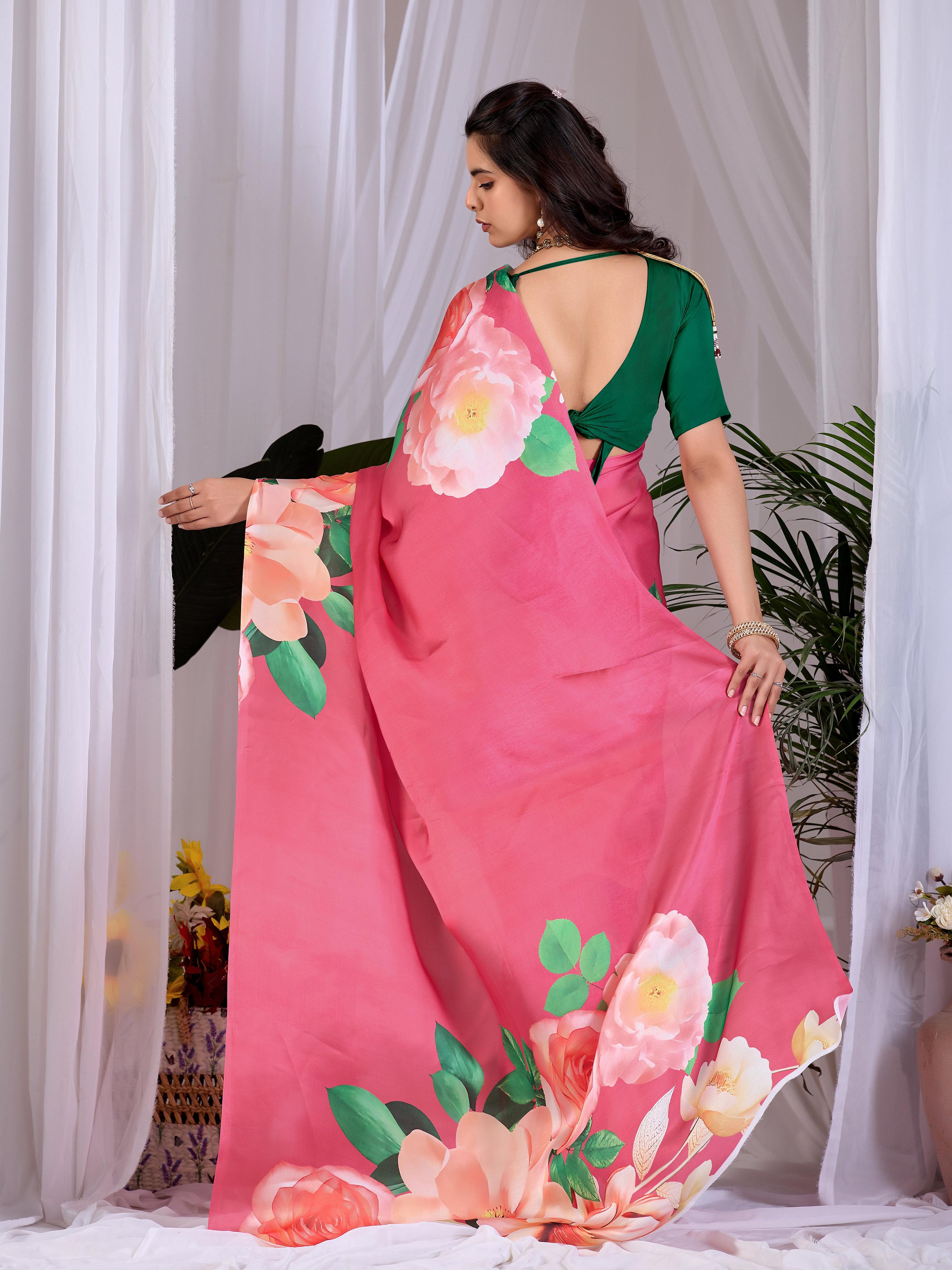 Aastha Fashion Pink Soft Satin Georgette Printed Saree