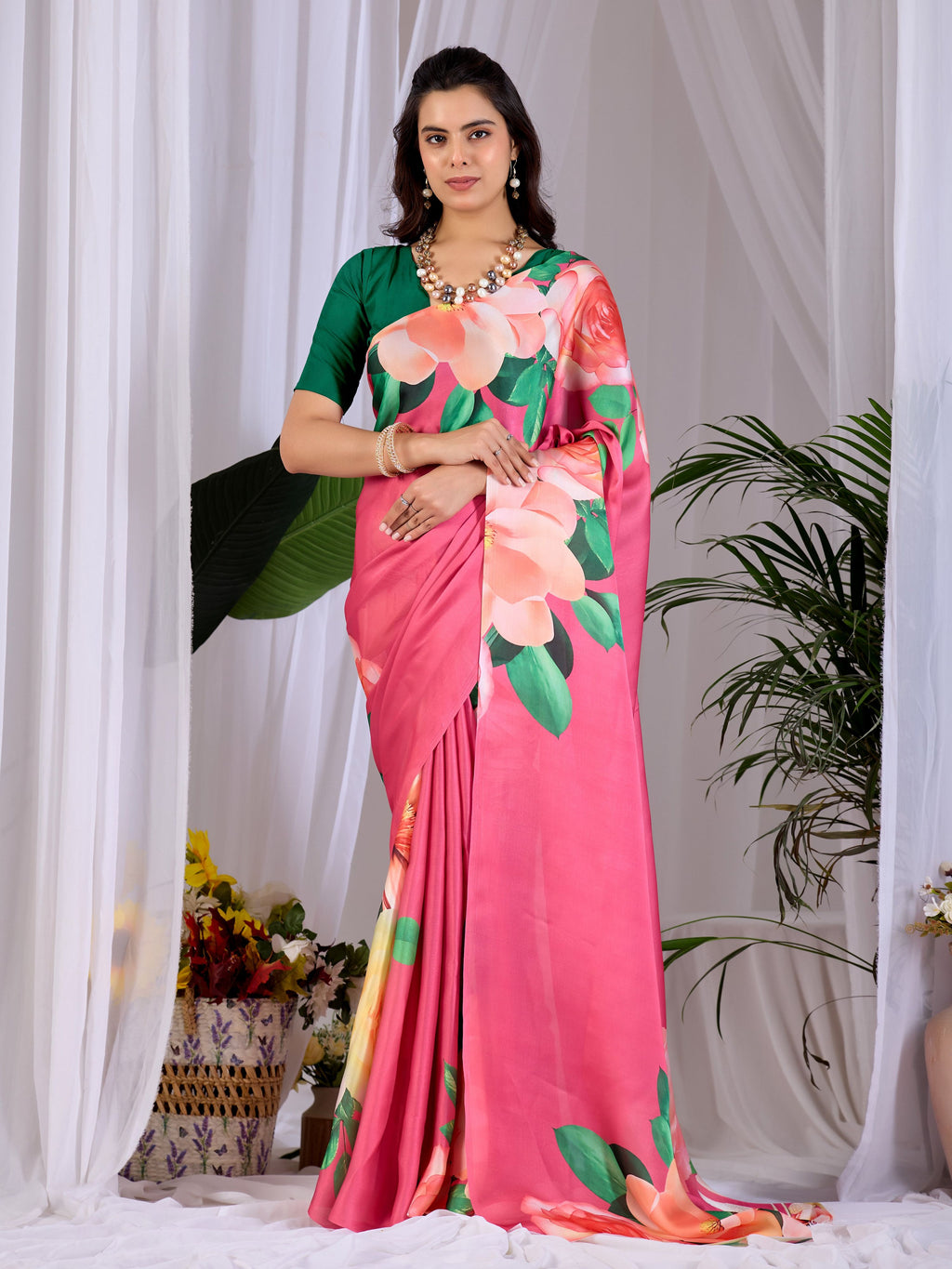 Aastha Fashion Pink Soft Satin Georgette Printed Saree