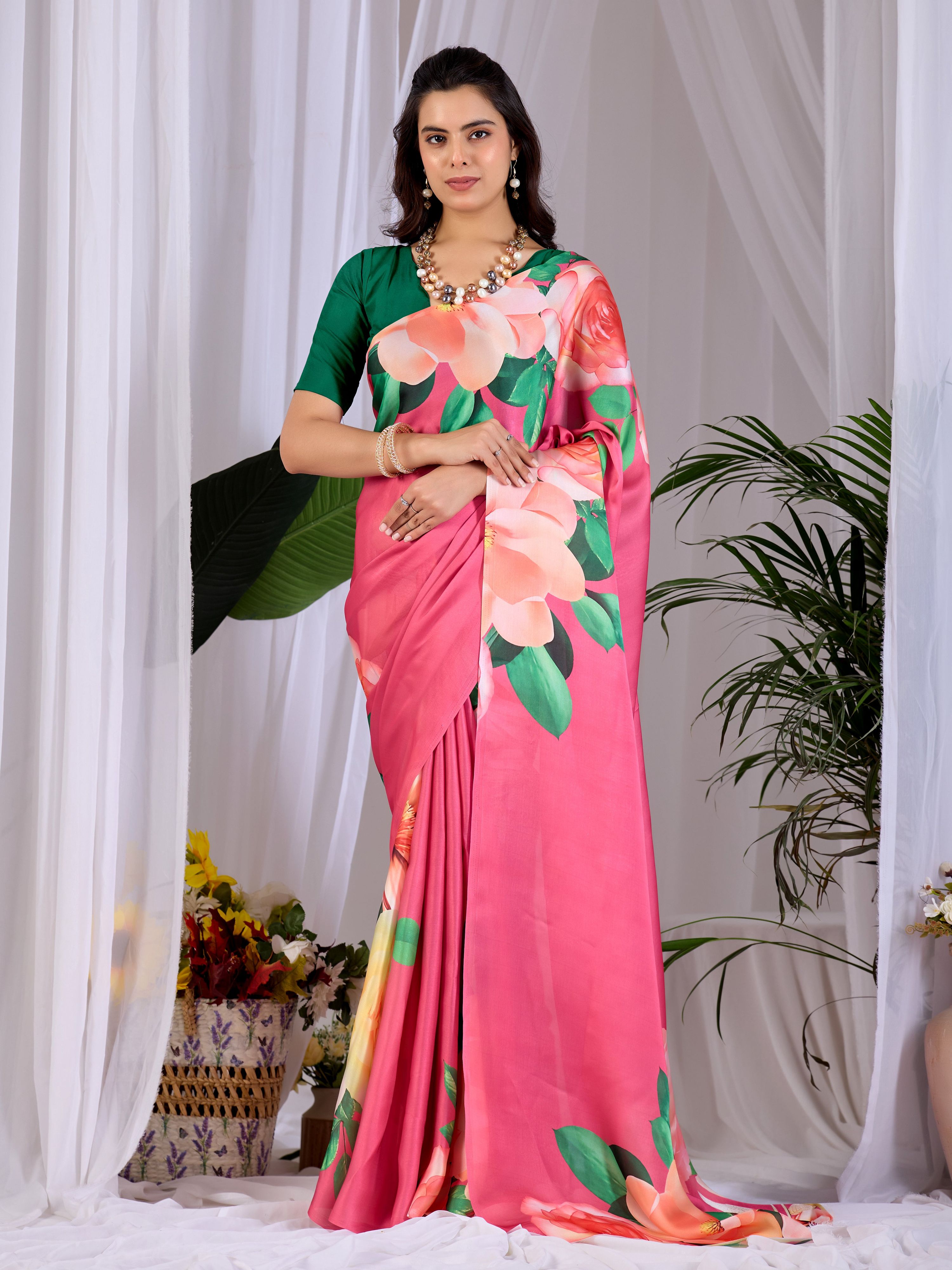 Aastha Fashion Pink Soft Satin Georgette Printed Saree