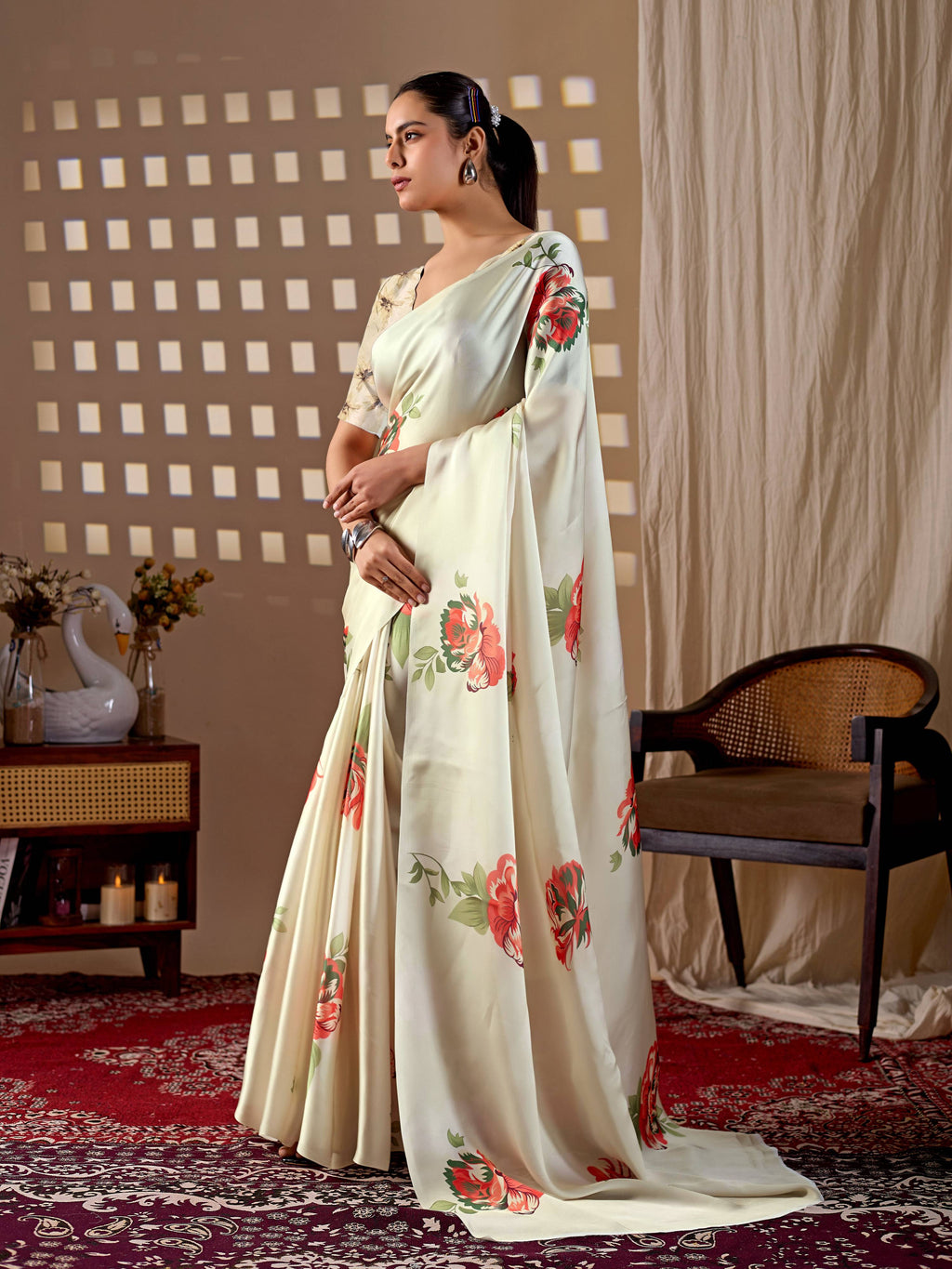 Aastha Fashion Cream Soft Satin Georgette Printed Saree