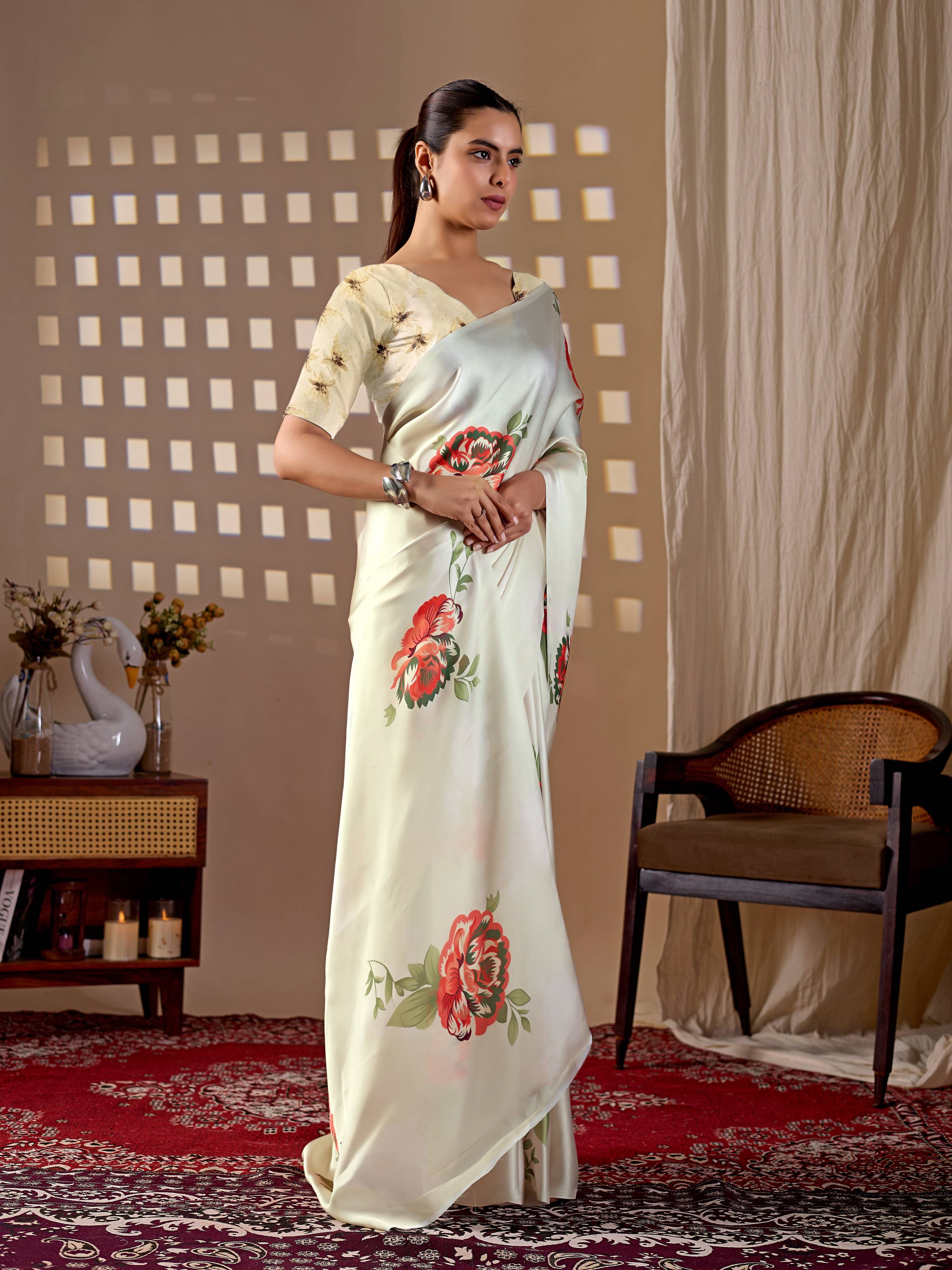 Aastha Fashion Cream Soft Satin Georgette Printed Saree