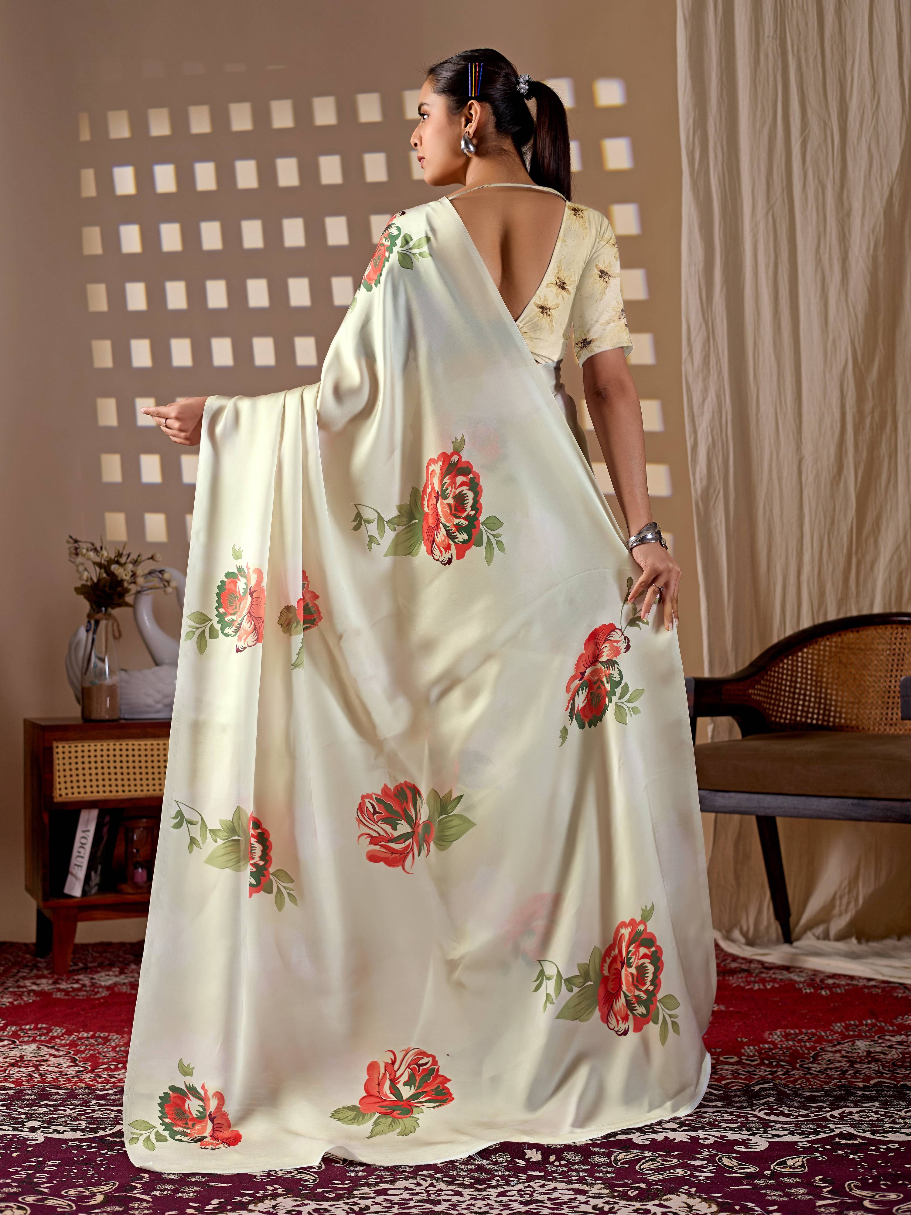 Aastha Fashion Cream Soft Satin Georgette Printed Saree