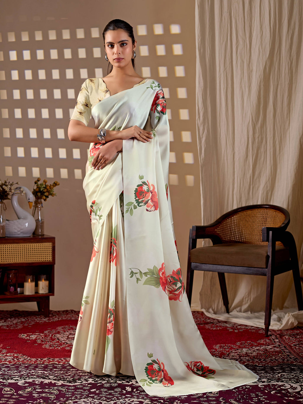 Aastha Fashion Cream Soft Satin Georgette Printed Saree