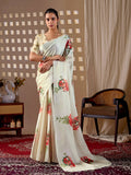 Aastha Fashion Cream Soft Satin Georgette Printed Saree
