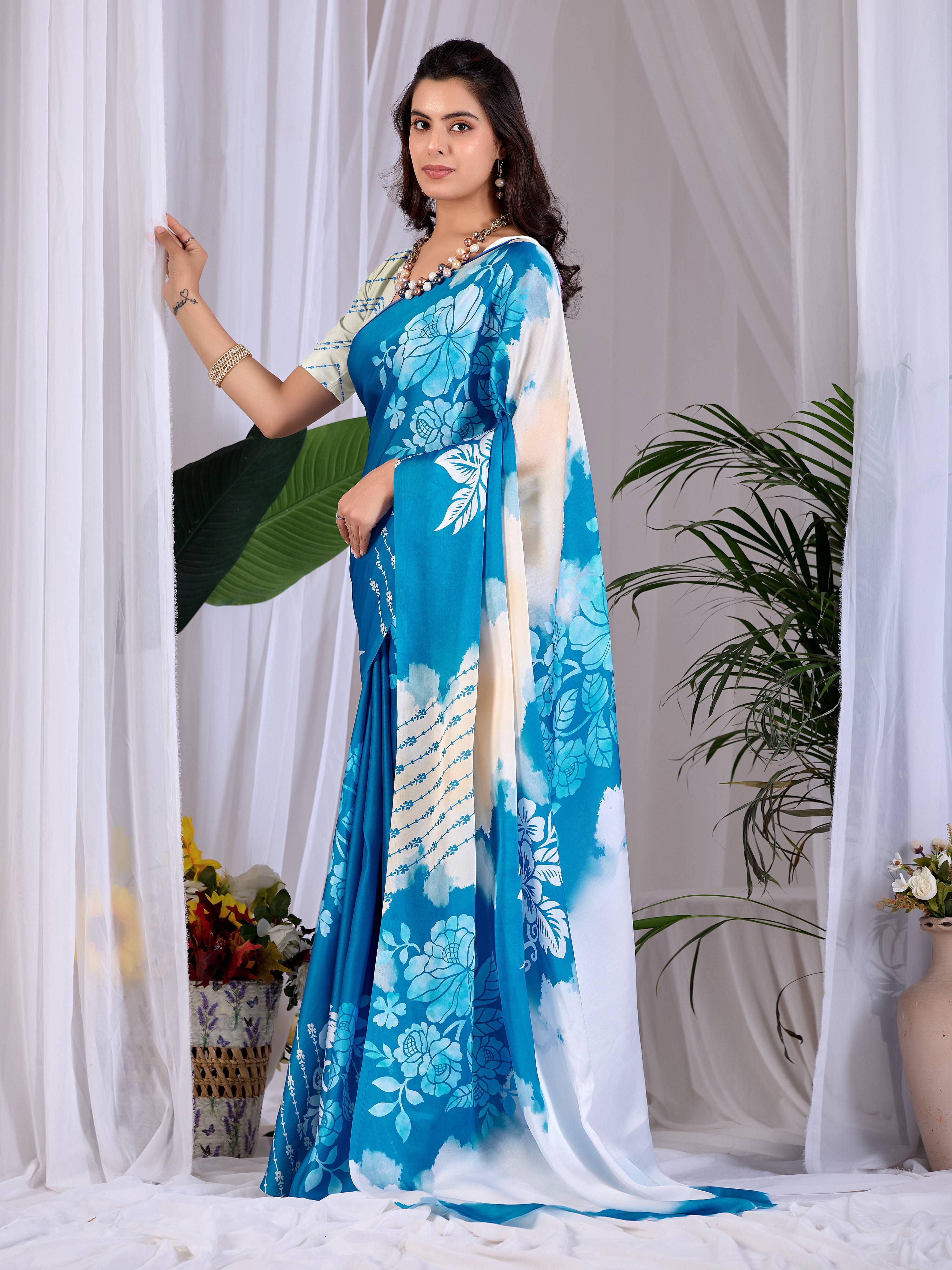 Aastha Fashion Teal Blue Soft Satin Georgette Printed Saree