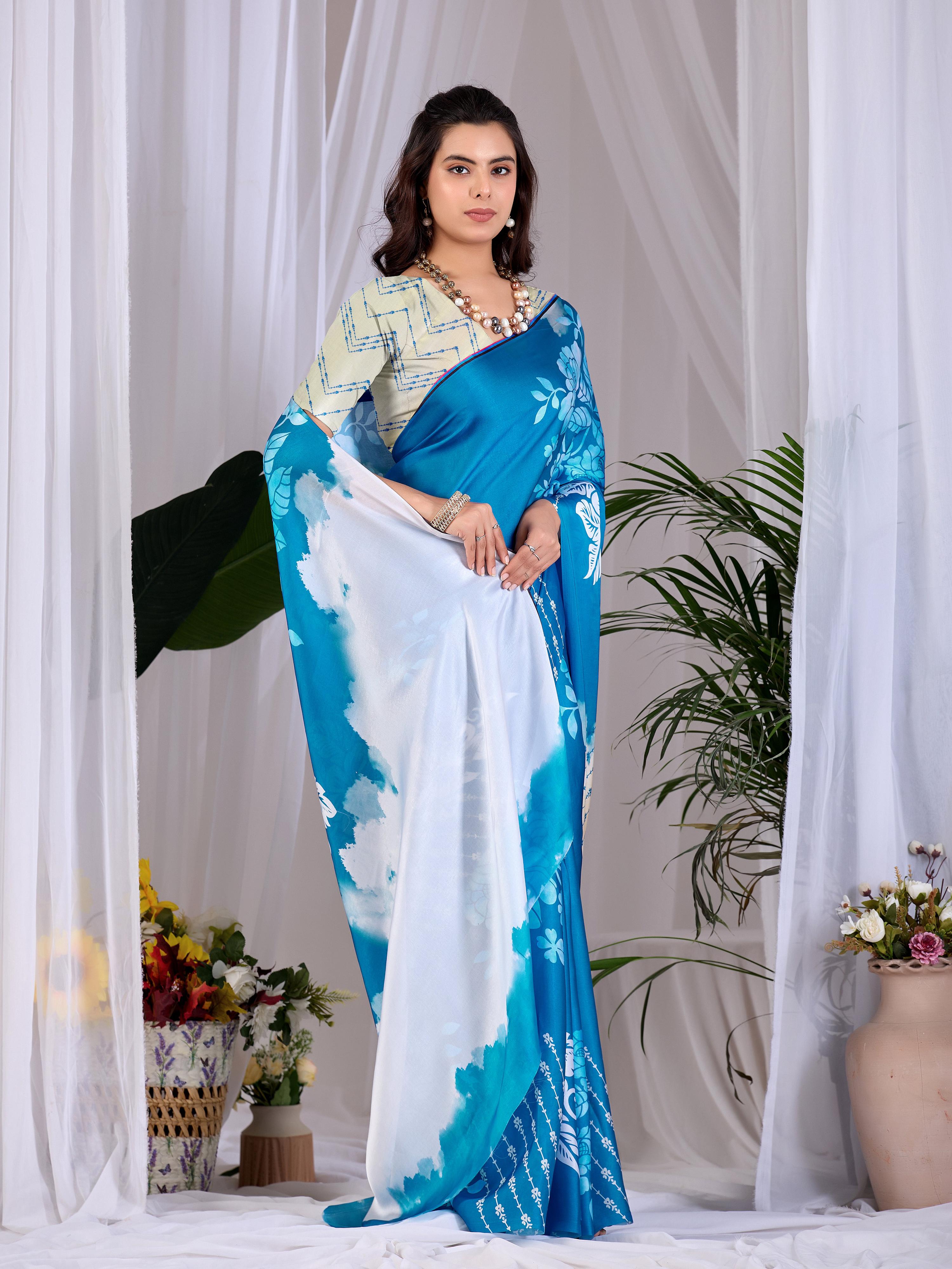 Aastha Fashion Teal Blue Soft Satin Georgette Printed Saree