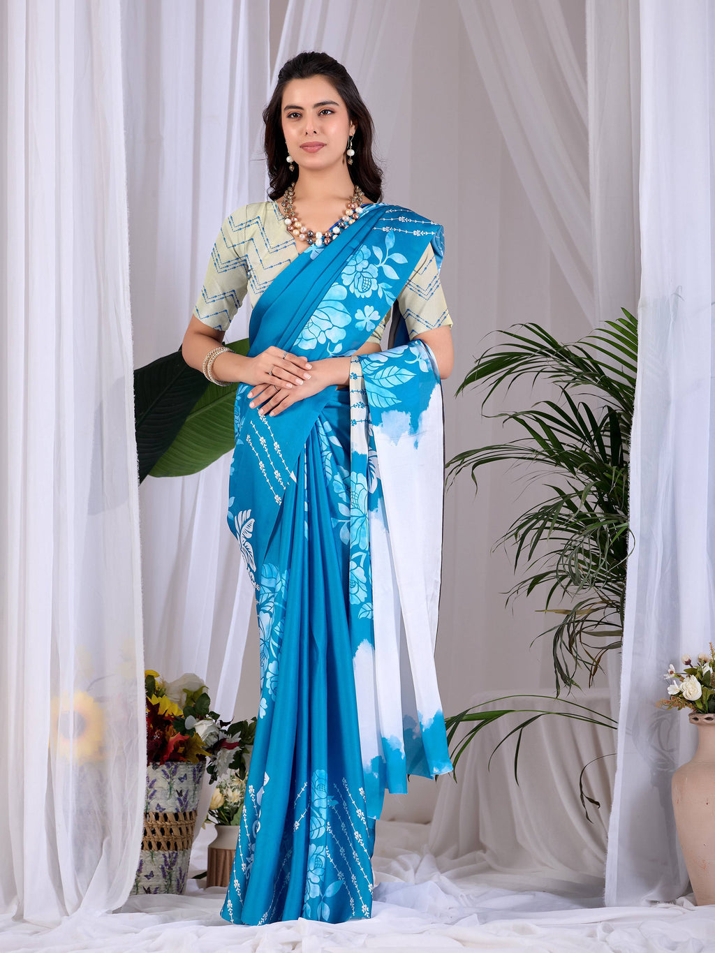 Aastha Fashion Teal Blue Soft Satin Georgette Printed Saree