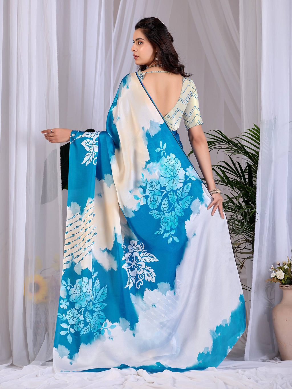 Aastha Fashion Teal Blue Soft Satin Georgette Printed Saree