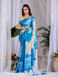 Aastha Fashion Teal Blue Soft Satin Georgette Printed Saree
