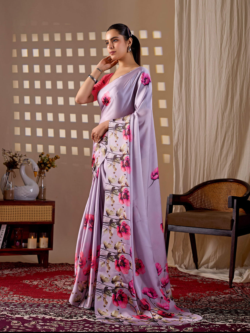 Aastha Fashion Lavender Soft Satin Georgette Printed Saree
