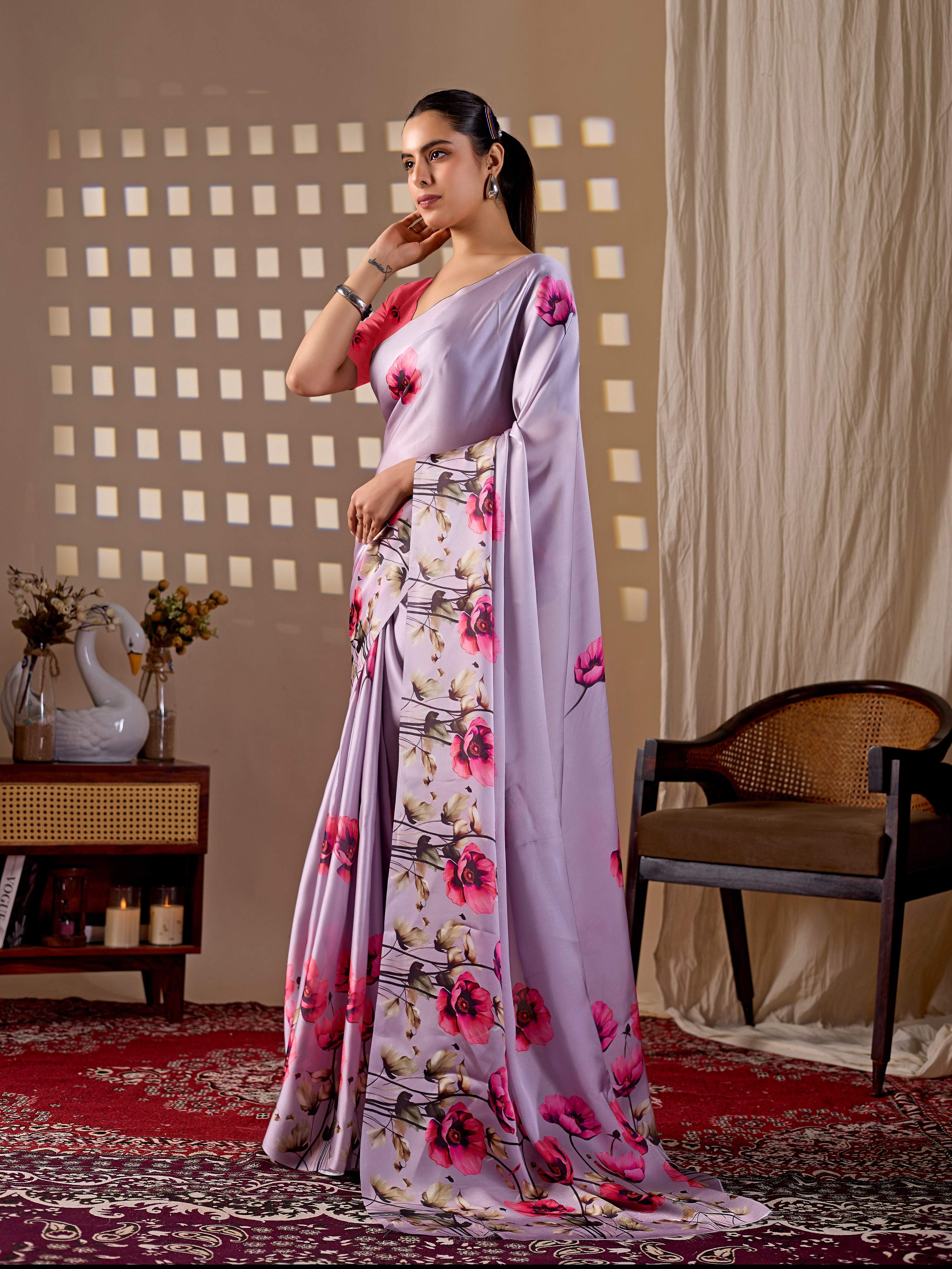 Aastha Fashion Lavender Soft Satin Georgette Printed Saree