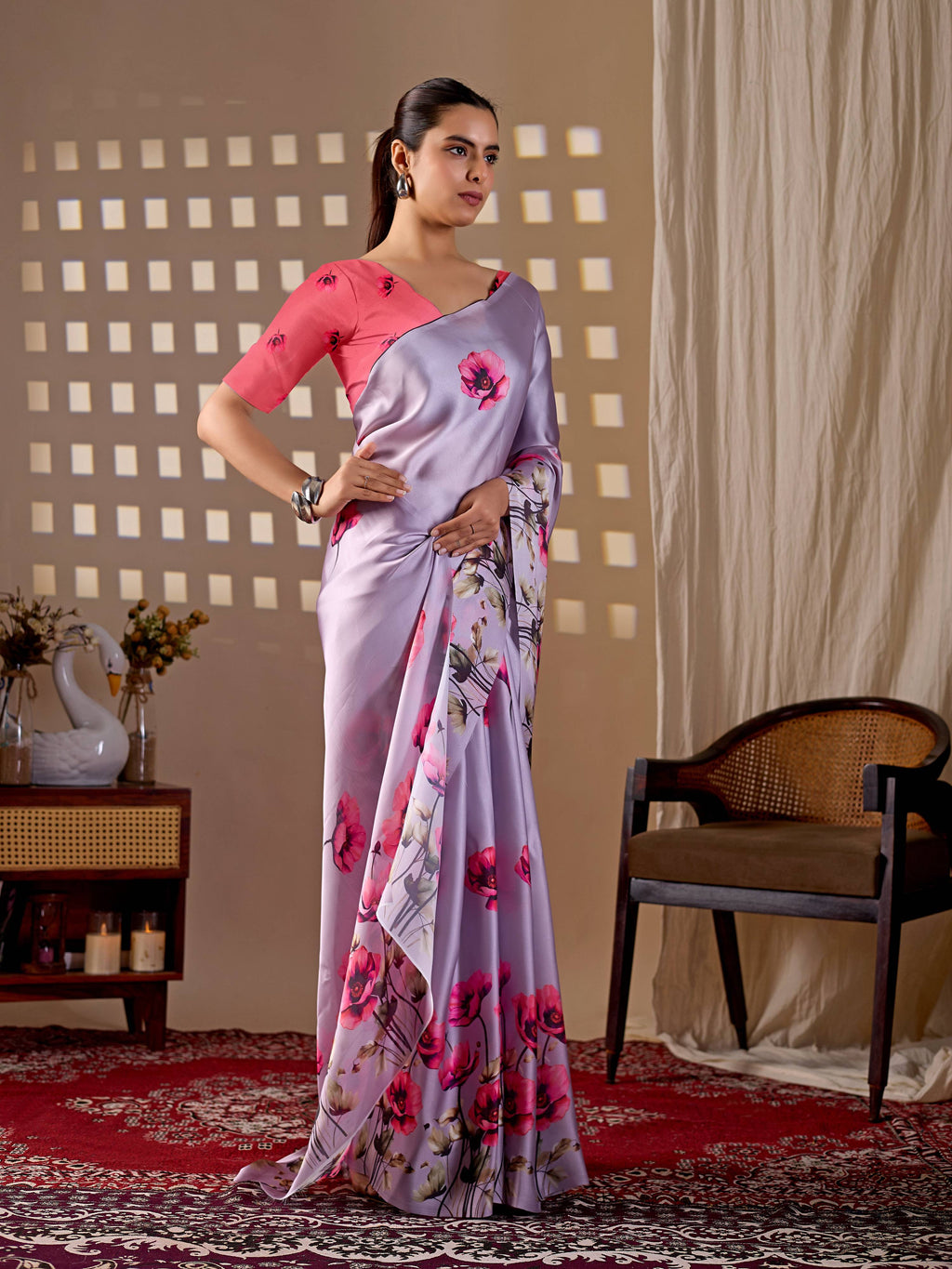 Aastha Fashion Lavender Soft Satin Georgette Printed Saree
