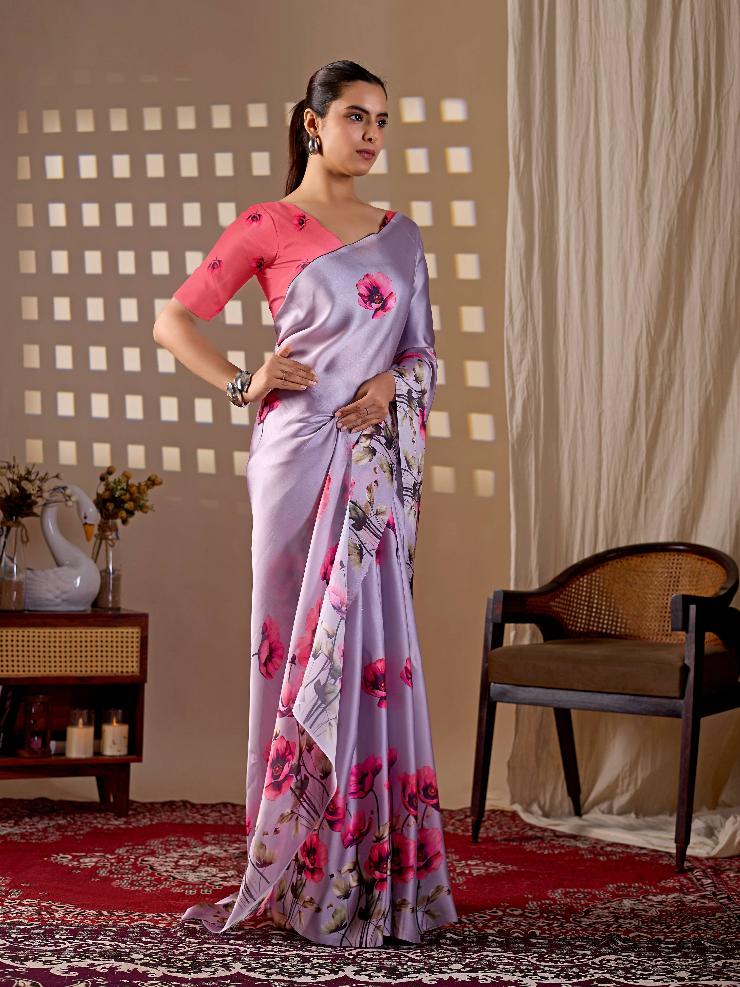 Aastha Fashion Lavender Soft Satin Georgette Printed Saree