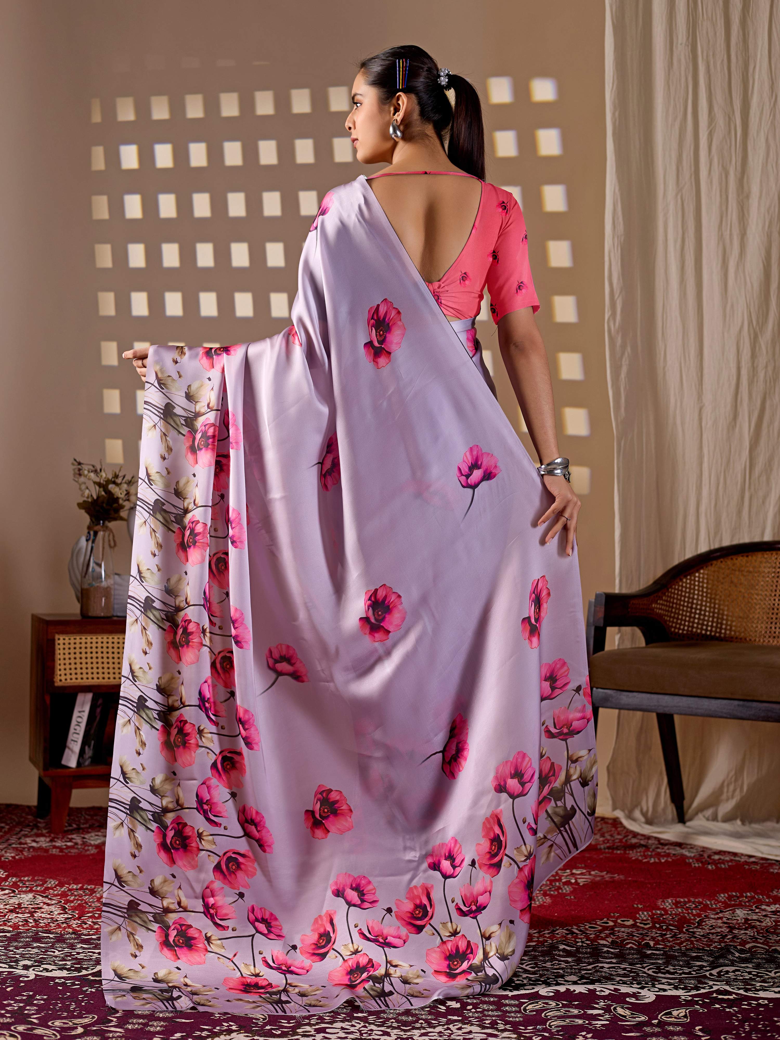Aastha Fashion Lavender Soft Satin Georgette Printed Saree