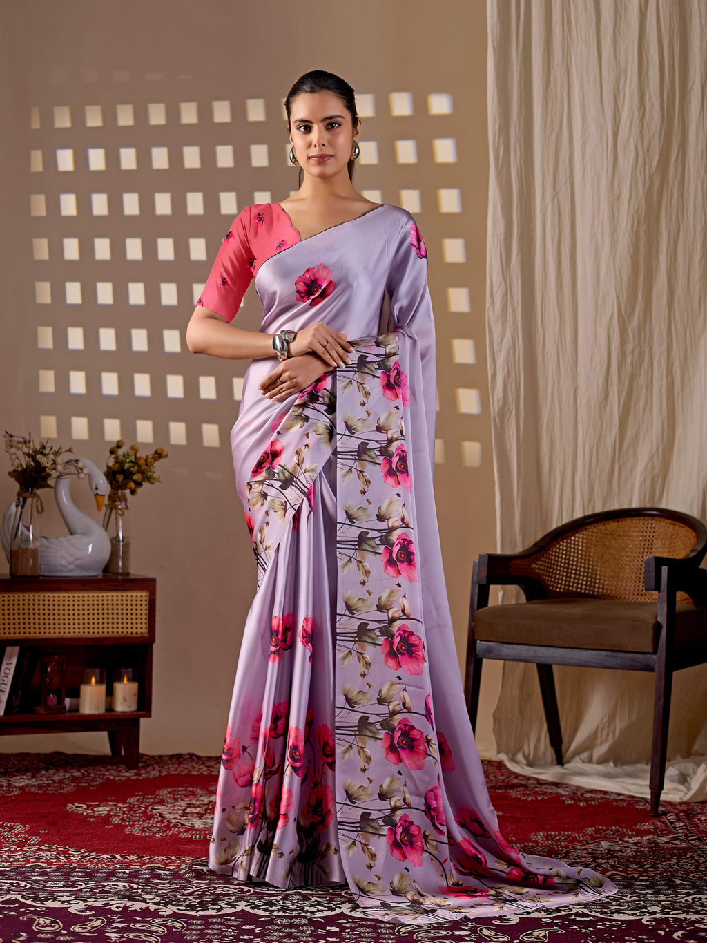 Aastha Fashion Lavender Soft Satin Georgette Printed Saree