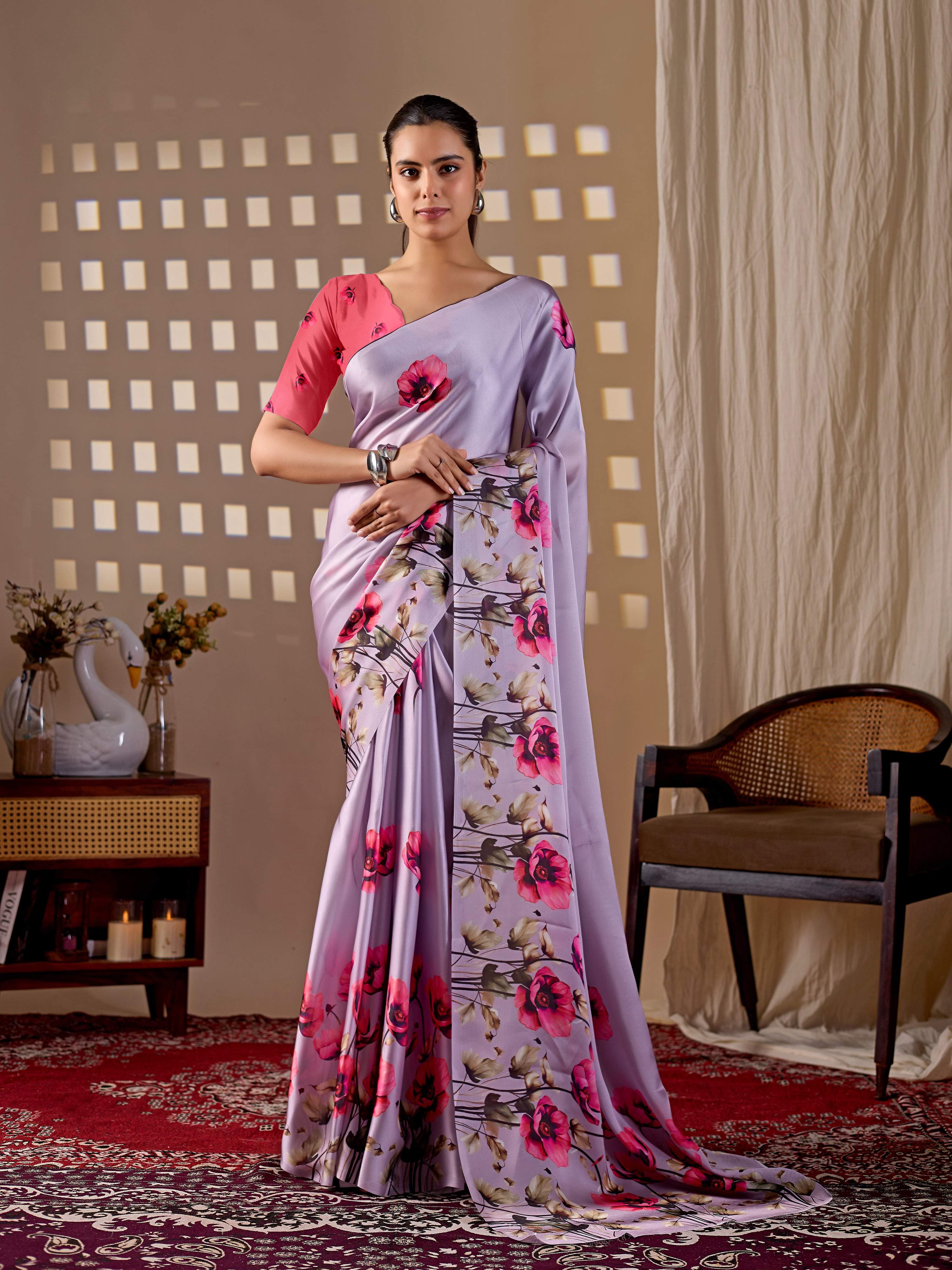Aastha Fashion Lavender Soft Satin Georgette Printed Saree