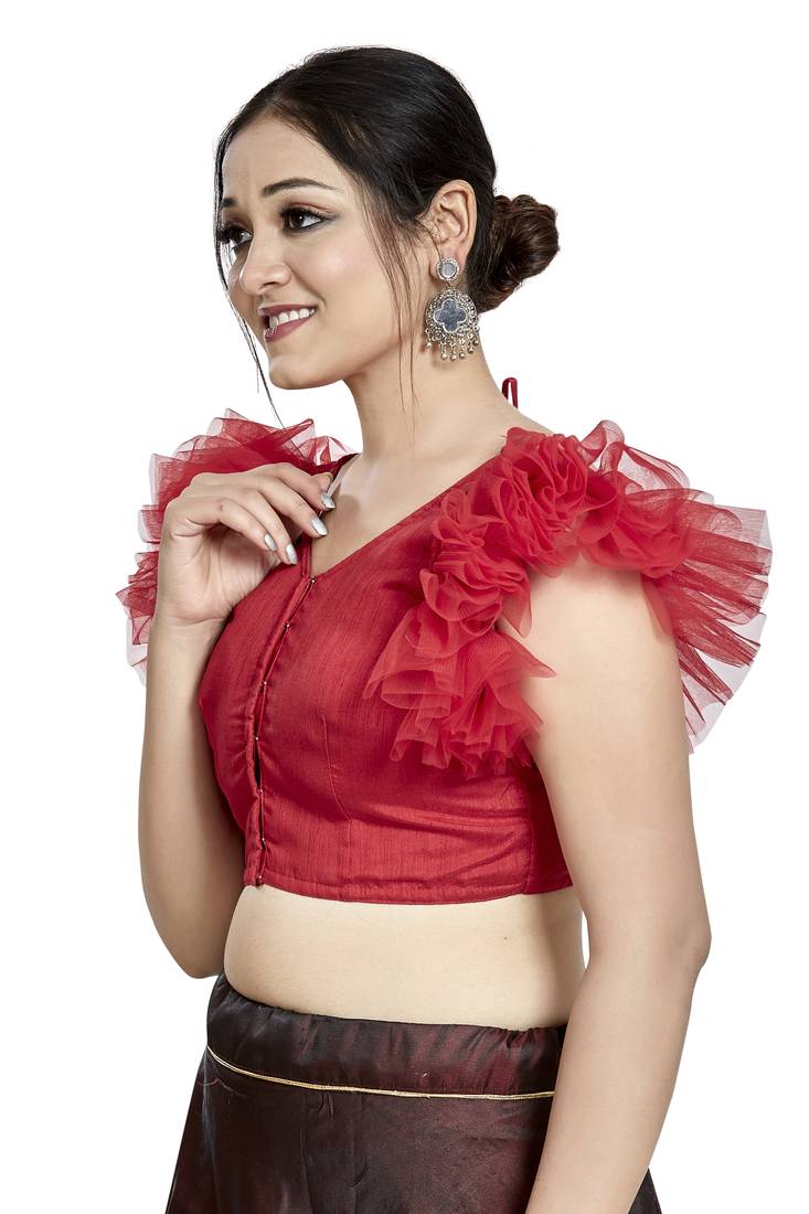 Aastha Fashion Red Art Silk V Neck Blouse