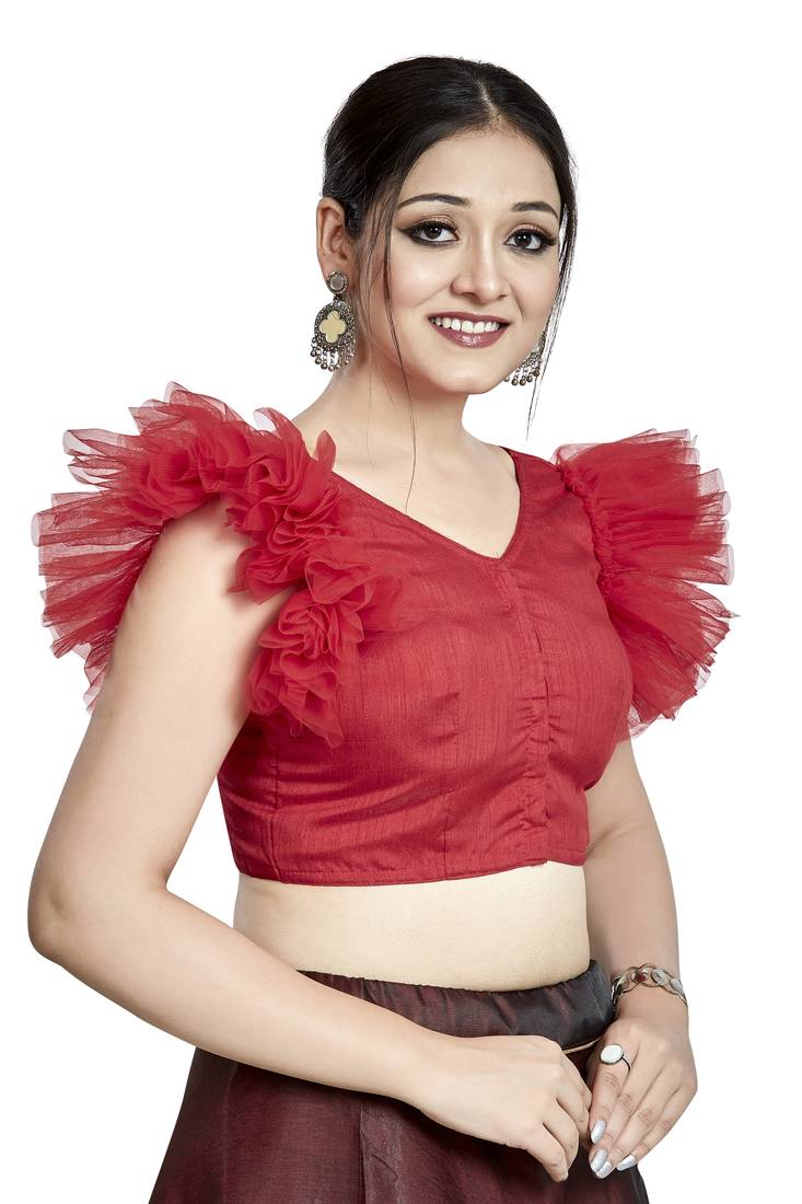 Aastha Fashion Red Art Silk V Neck Blouse