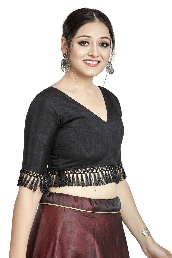 Aastha Fashion Black Art Silk V Neck Blouse