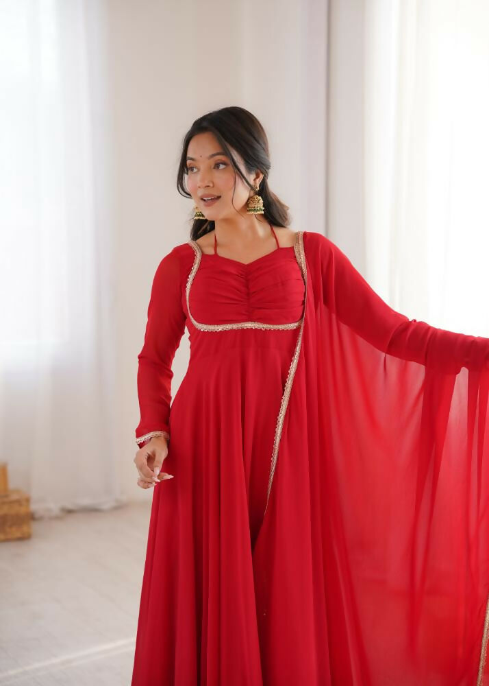 Lehenga Mart Designer Anarkali Suit With Kurta, Dupatta For Women-Red