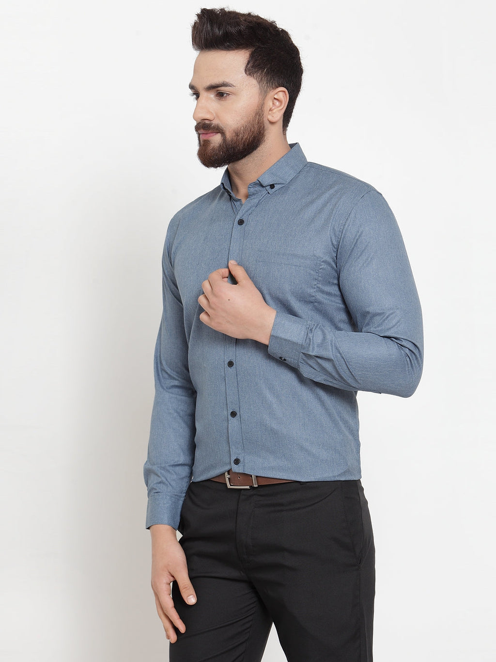 Jainish Grey Men's Cotton Solid Button Down Formal Shirts ( SF 734Grey )