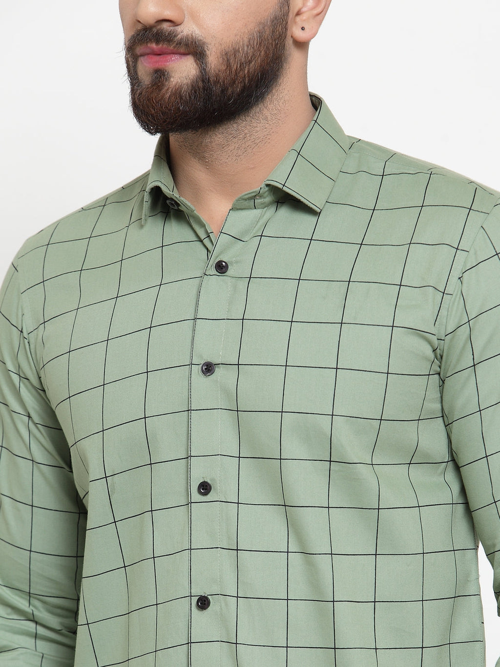 Jainish Green Men's Cotton Checked Formal Shirts ( SF 742Pista )