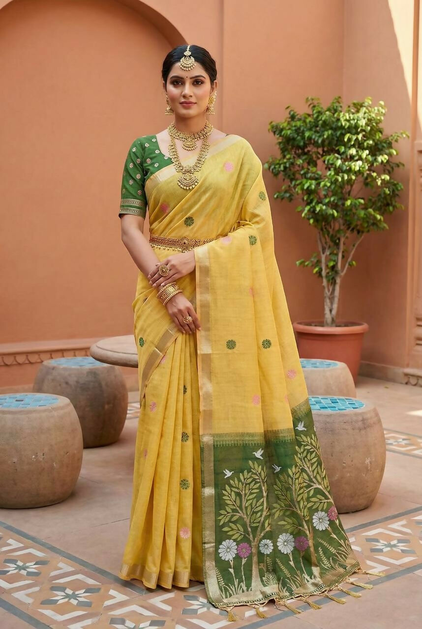 Vastranavya Yellow Muga Cotton Meenakari & Azarakh Pallu Saree with Contrast Blouse