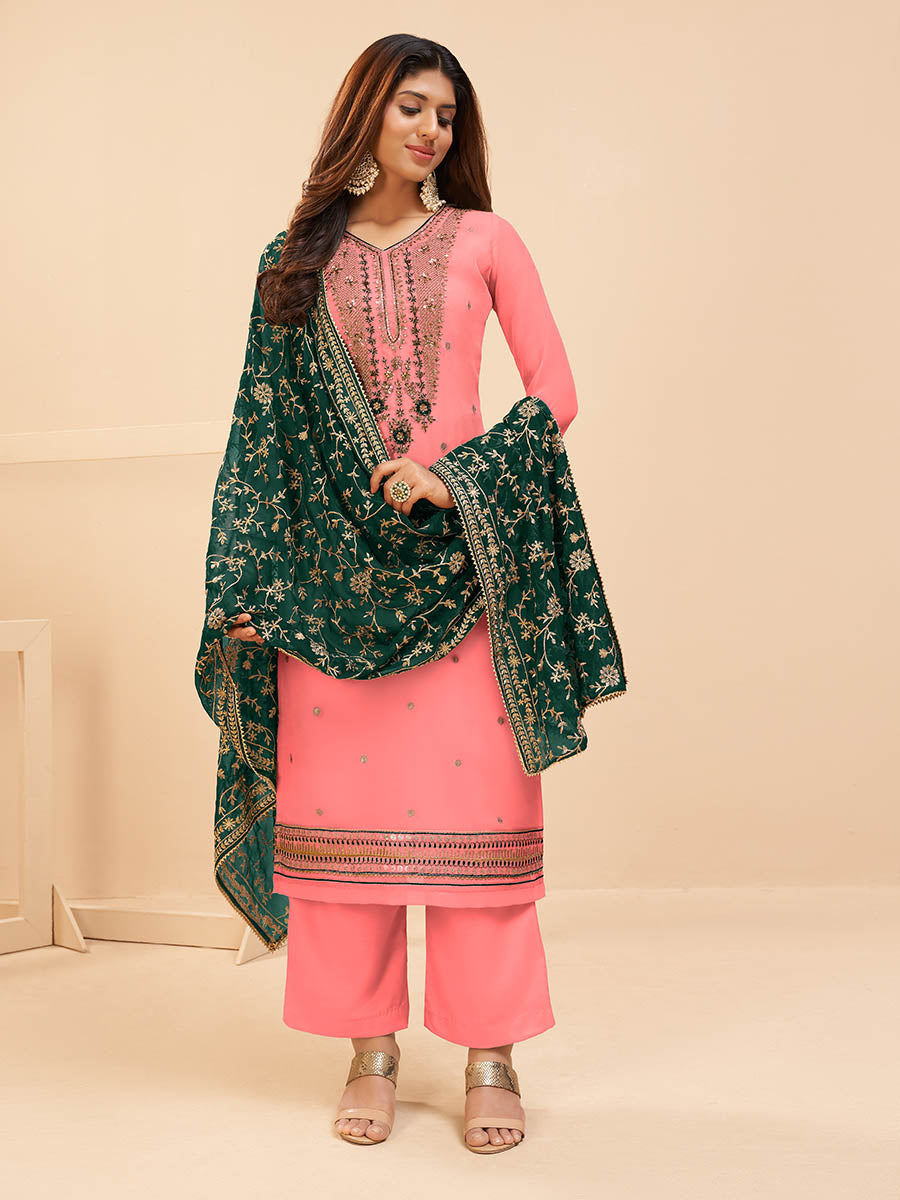 Myra Peach Georgette Embroidered Palazzo Suit