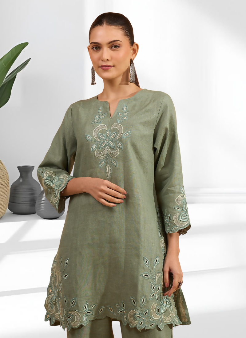Joban Fashion Pista Green Linen Embroidered Readymade Cord Set