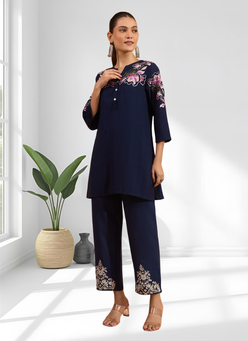 Joban Fashion Navy Blue Cotton, Linen Embroidered Readymade Cord Set