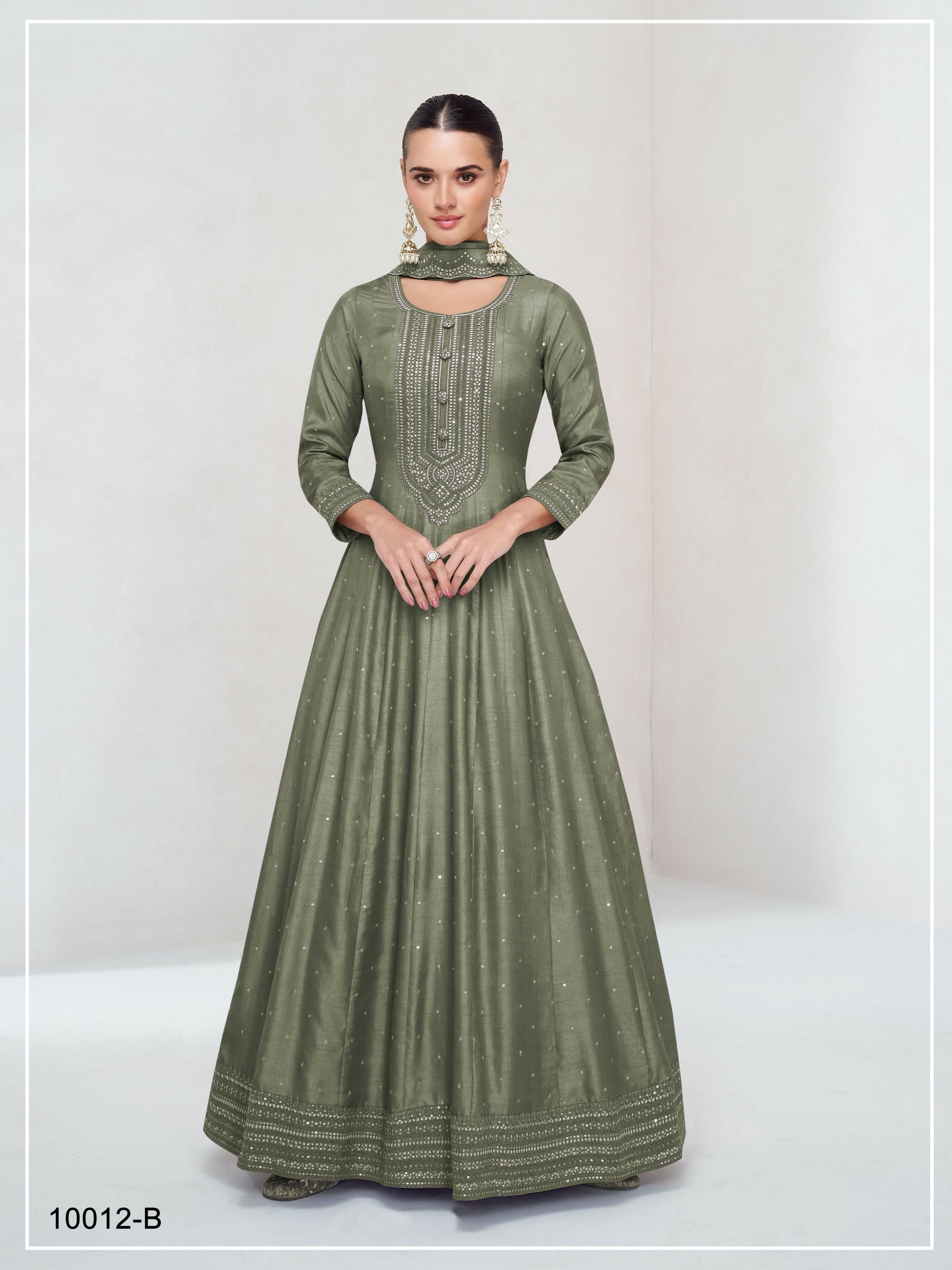 Teeya Creation Mehendi Color Heavy Vichitra Silk Embroidery Work Long Gown