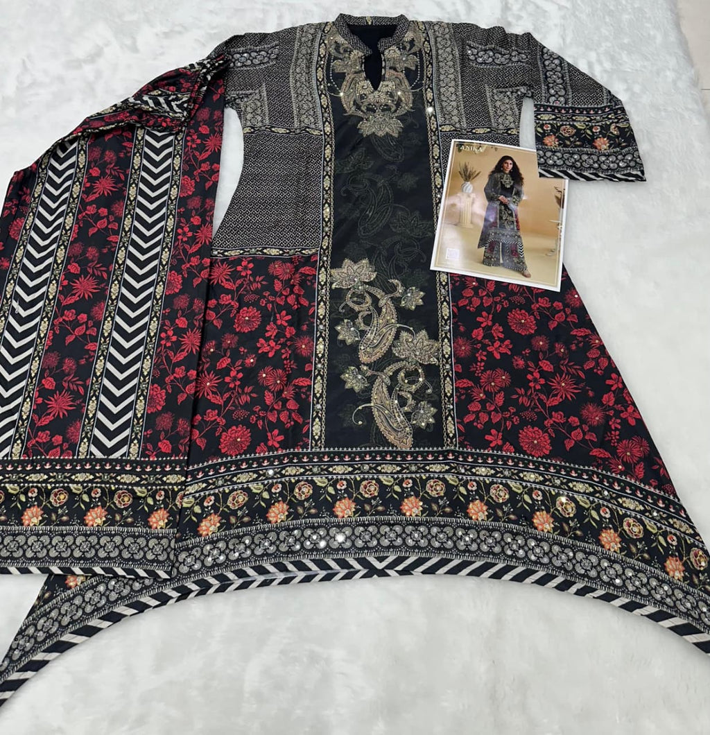 Aarshi Fashions Black Heavy Crepe Digital Print Palazzo Suits