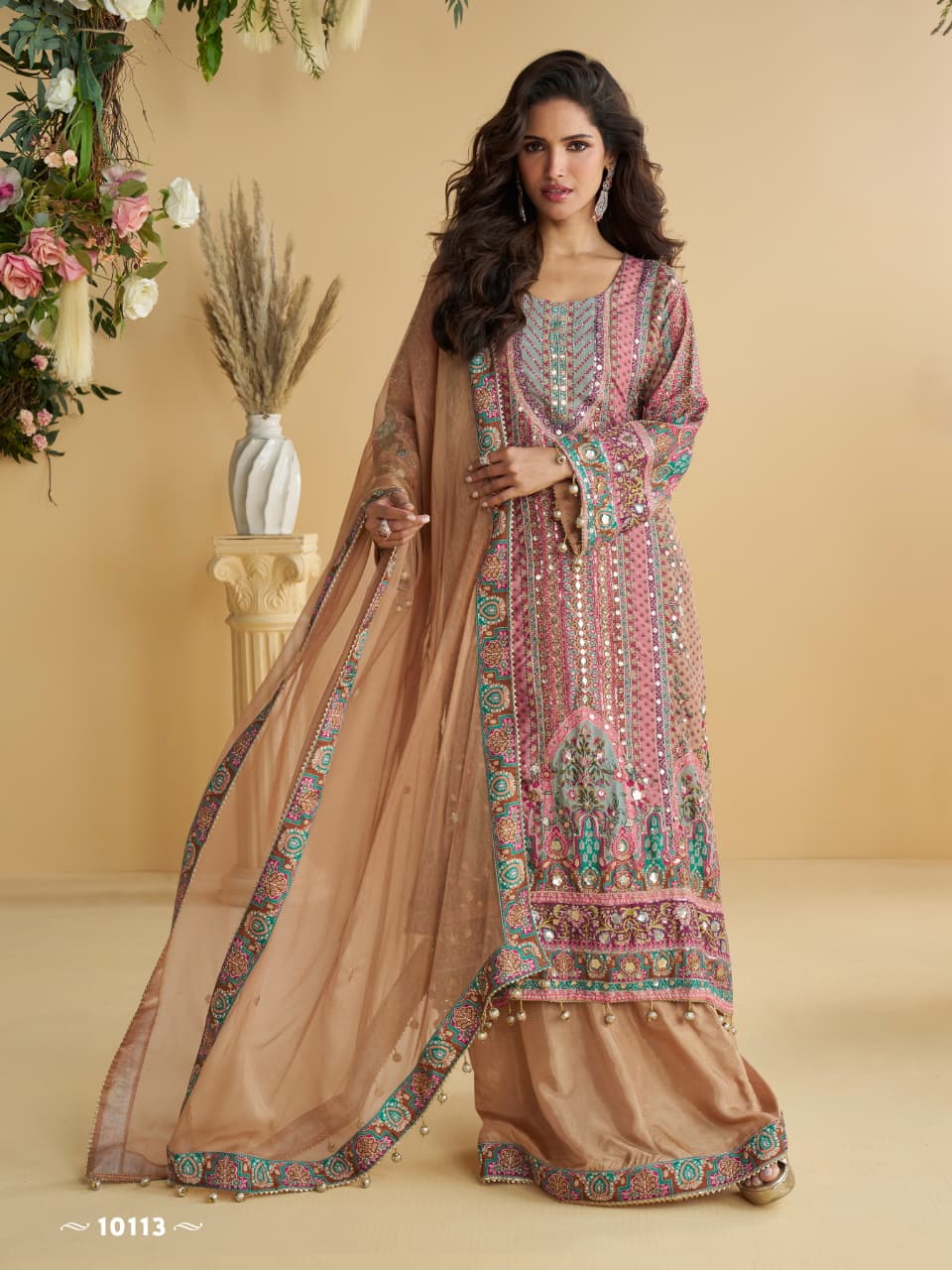 Aarshi Fashions Peach Heavy Crepe Digital Print Palazzo Suits