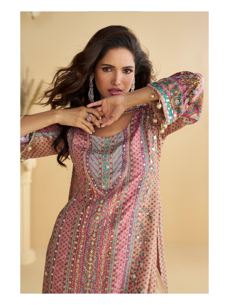 Aarshi Fashions Peach Heavy Crepe Digital Print Palazzo Suits