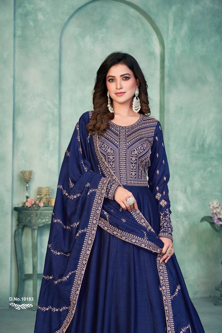 Anaita Navy Blue Embroidered Art Silk Anarkali Suit