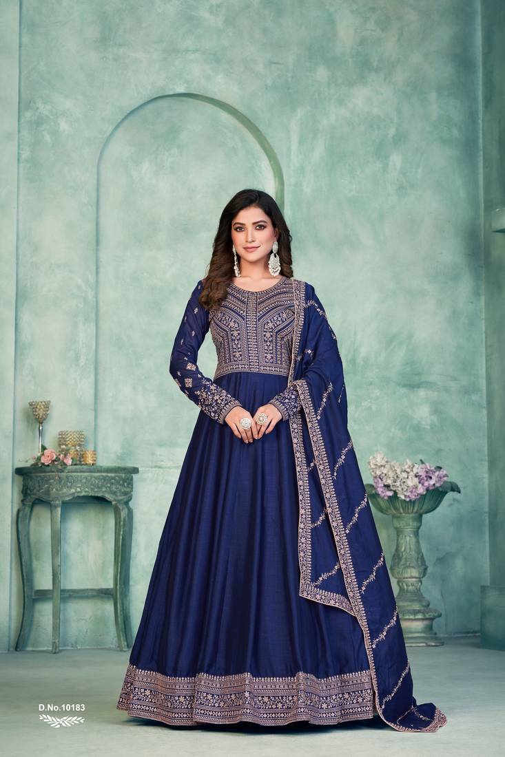 Anaita Navy Blue Embroidered Art Silk Anarkali Suit