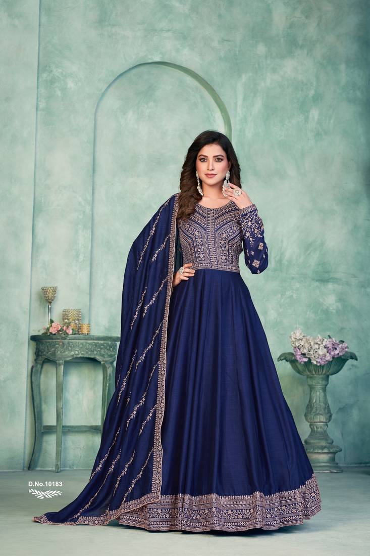 Anaita Navy Blue Embroidered Art Silk Anarkali Suit