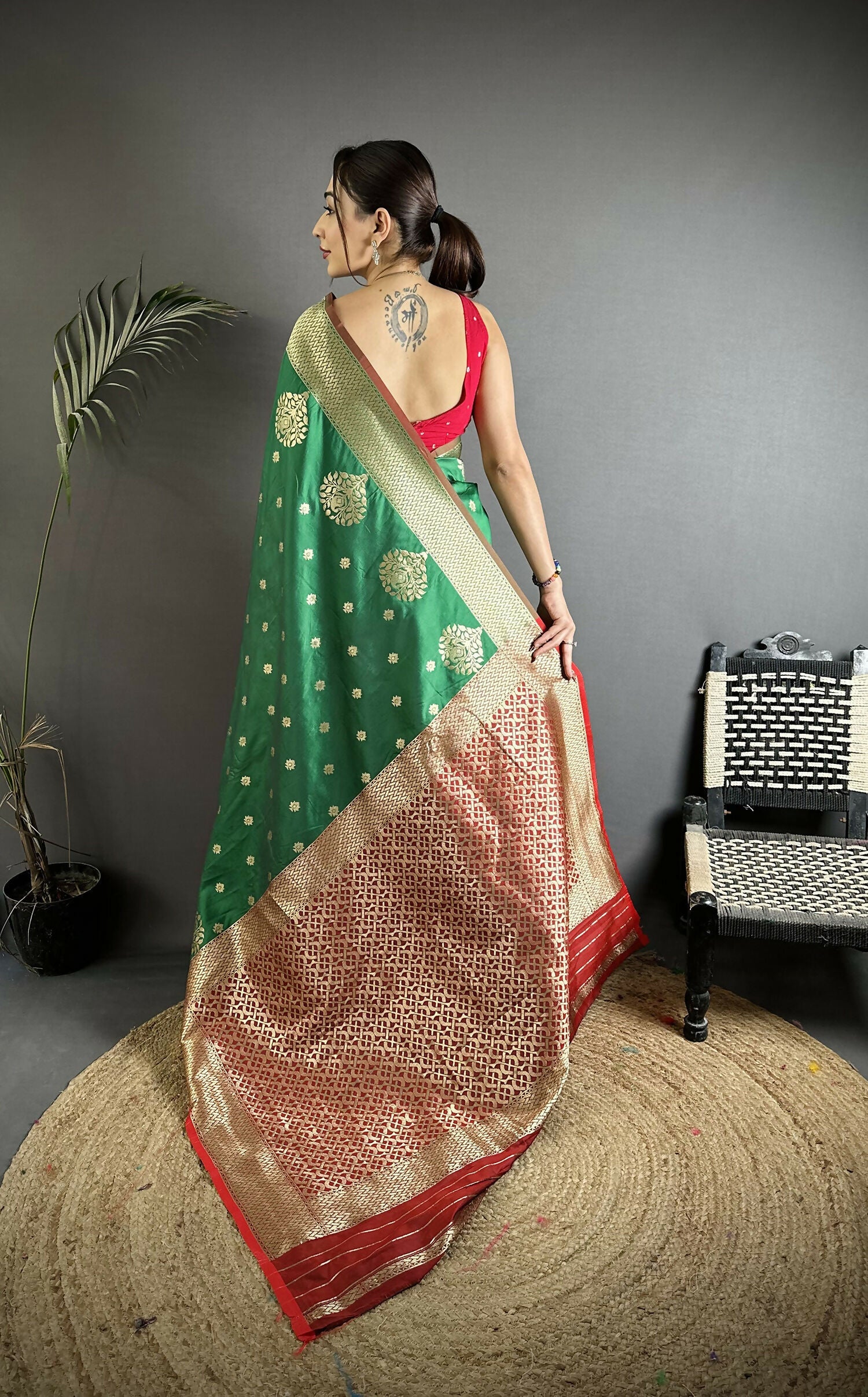 Joban Fashion Bottle Green Woven Butti Soft Silk Banarasi Silk Saree
