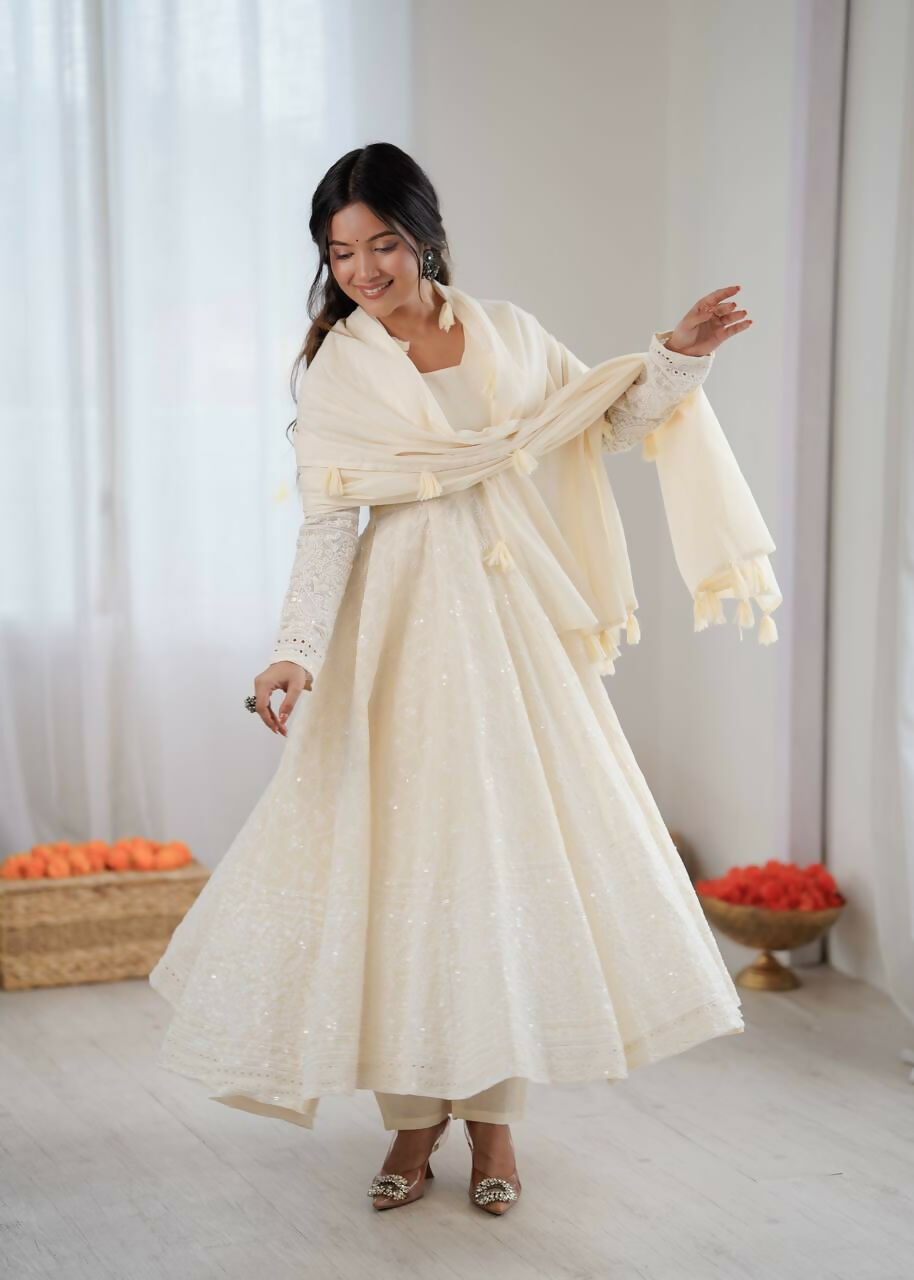 Teeya Creation Cream Kora Cotton Designer Embroidery Work long Gown