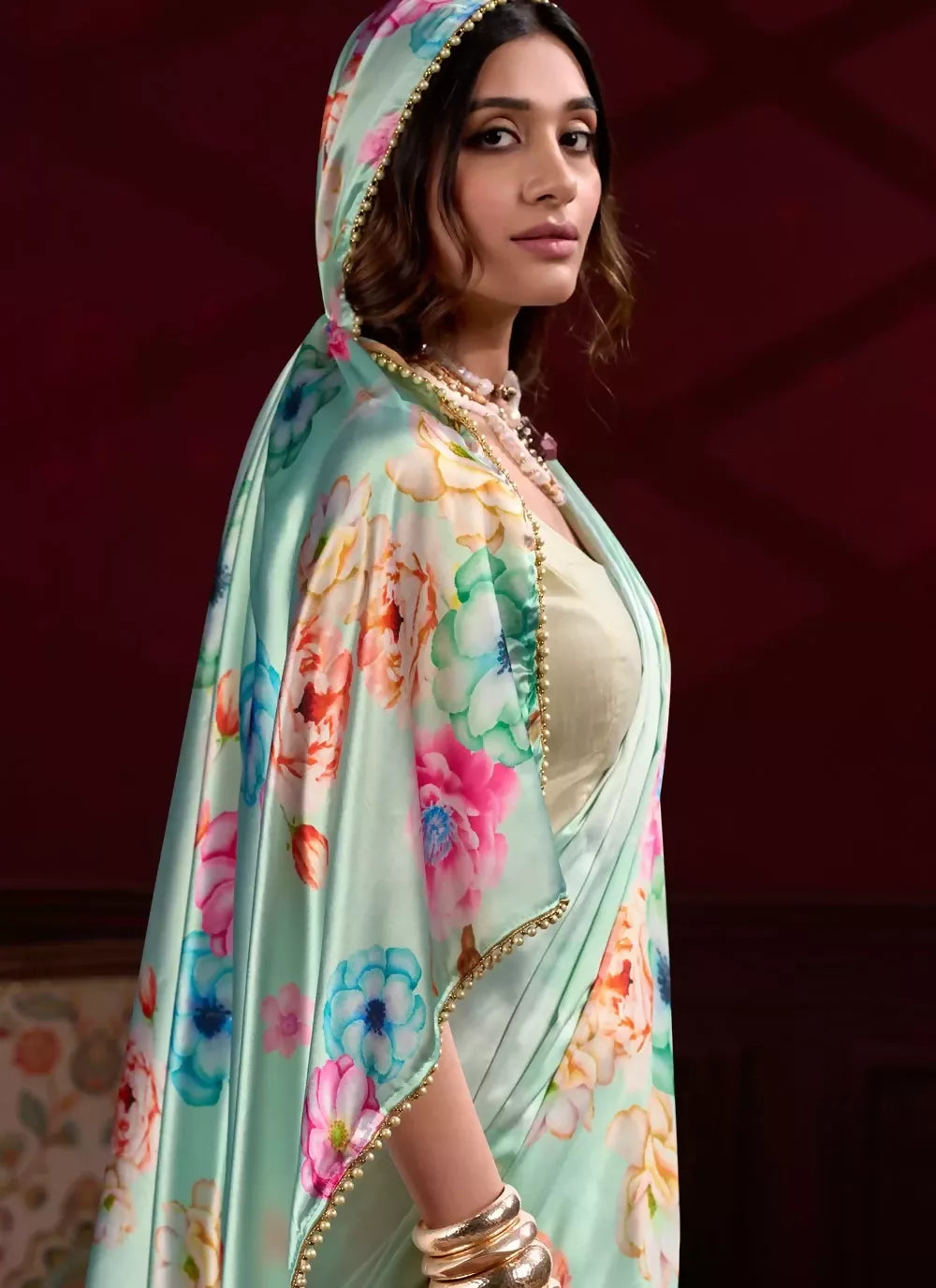 Vastranavya Pista Satin Silk Floral Printed with Pearl Lace Saree with Unstitched Blouse