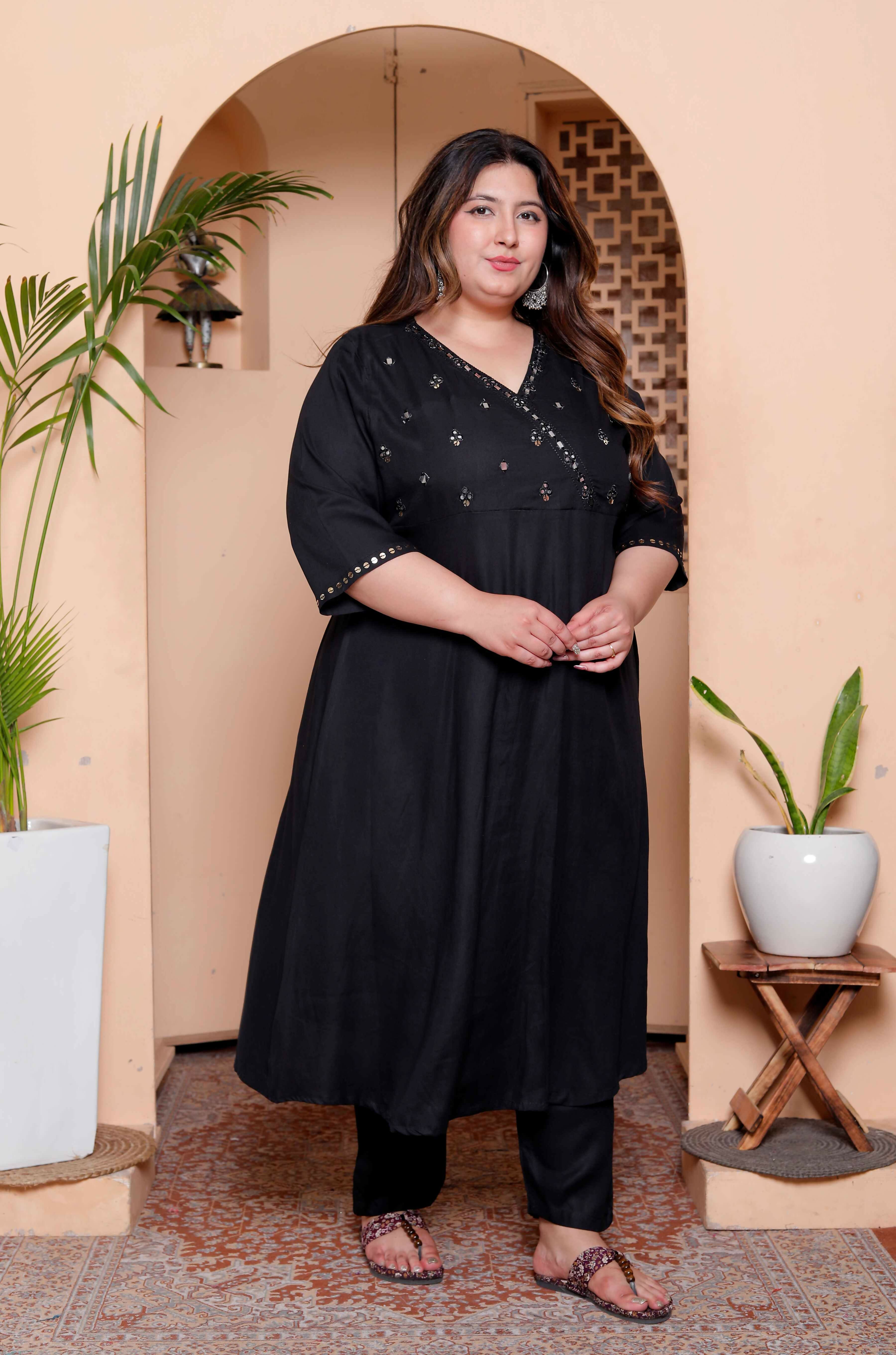 Miravan Womens Plus Size Black Mirror work Angrakha Kurta and Palazzo Set