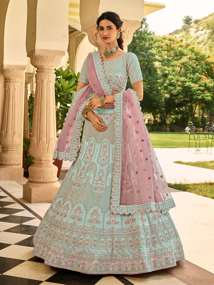Myra Sea Blue Organza Embroidered Lehenga Choli