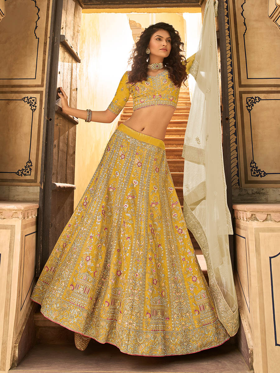 Myra Yellow Organza Embroidered Lehenga Choli